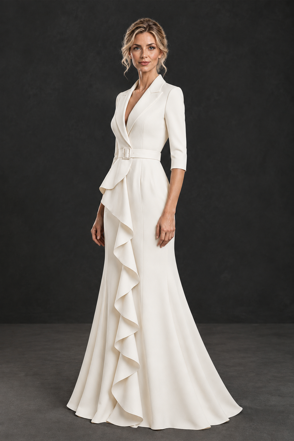 BOLODOO Ivory Lapel Ruffle Mother of the Bride Dress with Belt - Ivory - Ivory_3