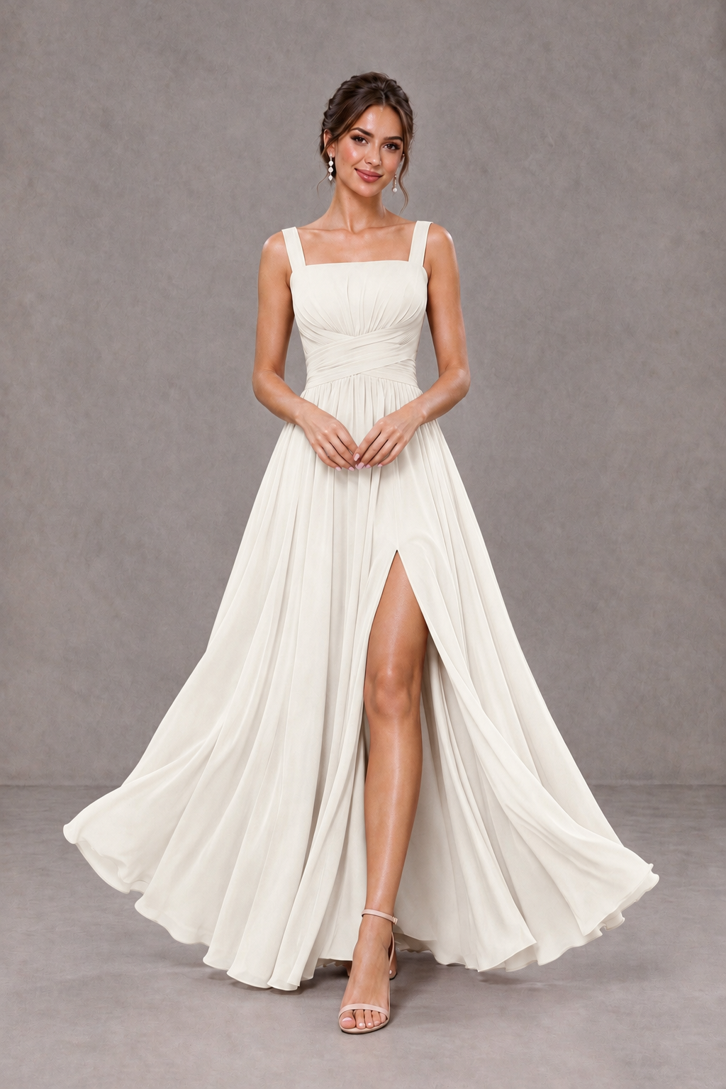 BOLODOO Ivory Square Neck A-Line Bridesmaid Dress with Slit - Ivory - Ivory_3