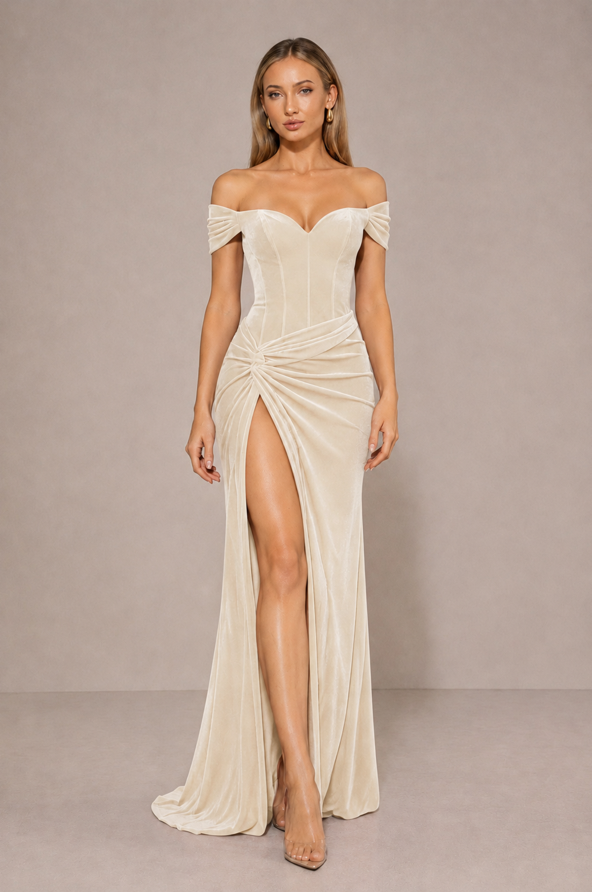 BOLODOO Ivory Velvet Off-Shoulder Ruched High Slit Evening Dress - Ivory - Ivory_3