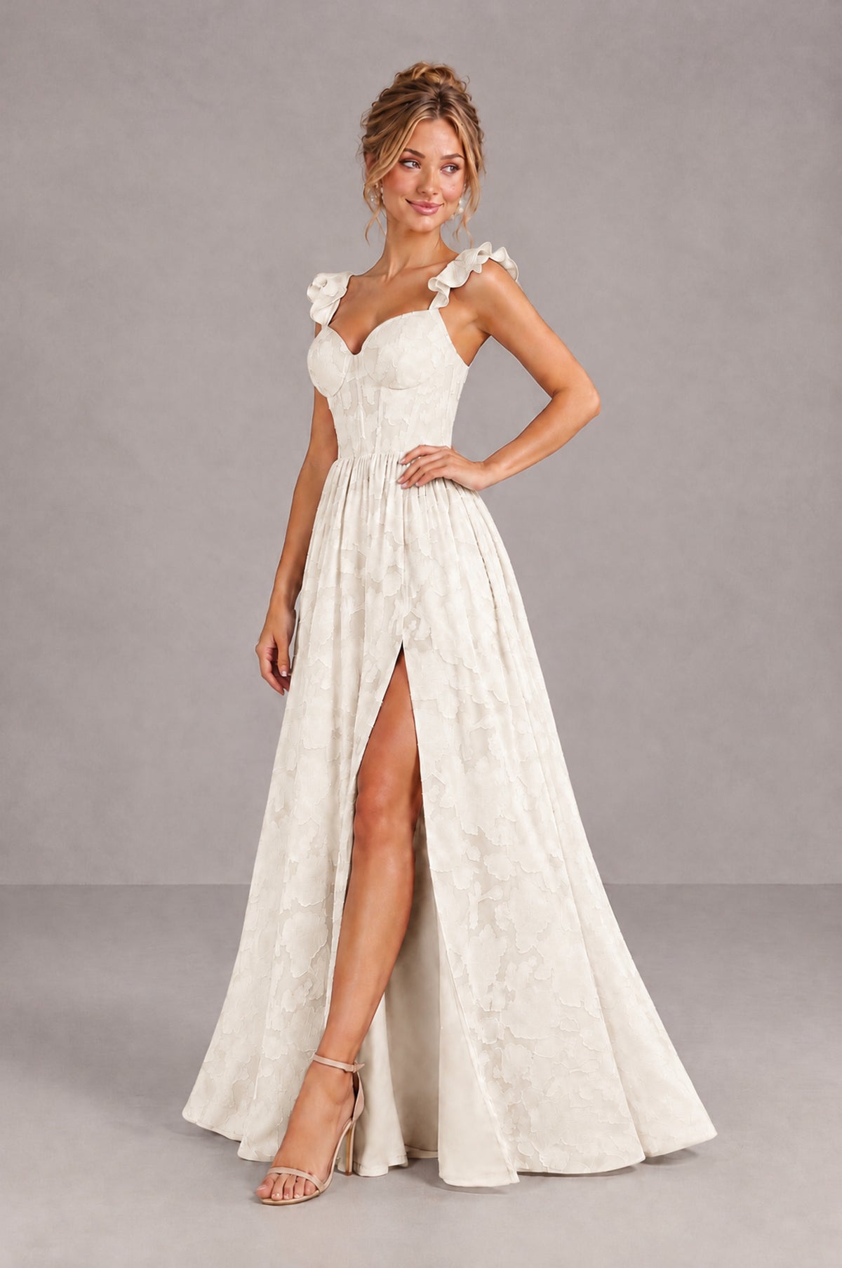 BOLODOO Ivory Floral A-Line Bridesmaid Dress with Slit Ruffle Straps Maxi Gown - Ivory - Ivory_3