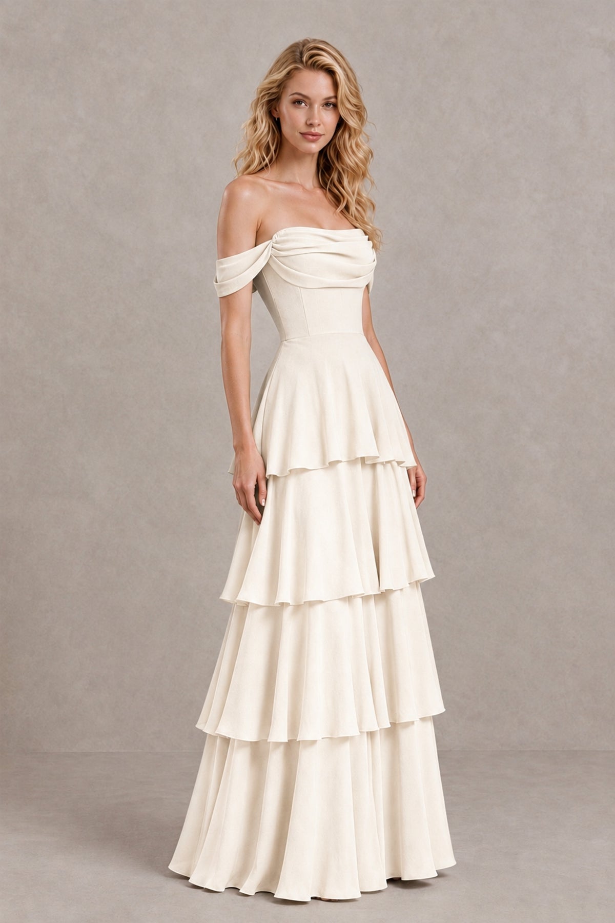 BOLODOO Ivory Off-the-Shoulder Tiered A-Line Evening Bridesmaid Dress - Ivory - Ivory_3