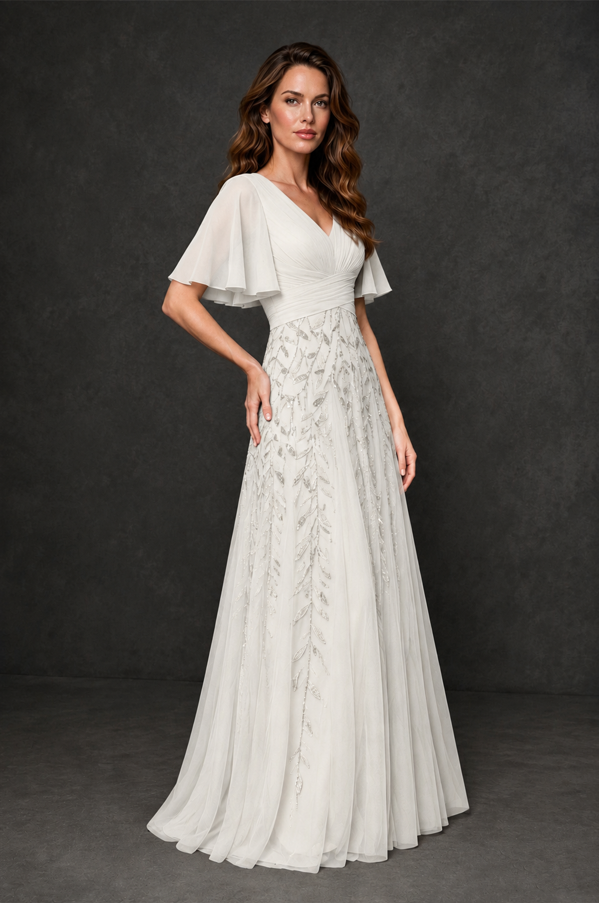BOLODOO Ivory V-Neck Flutter Sleeve Beaded Botanical Tulle A-Line Gown | Mother of the Bride Evening Dress - Ivory - Ivory_3