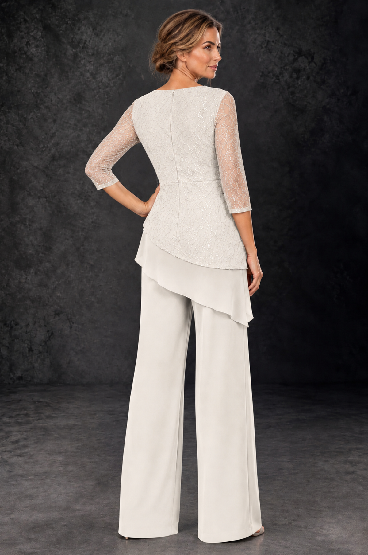 BOLODOO Ivory Sequin Lace 3/4 Sleeve Chiffon Mother of the Bride Pant Suit - Ivory - Ivory_3