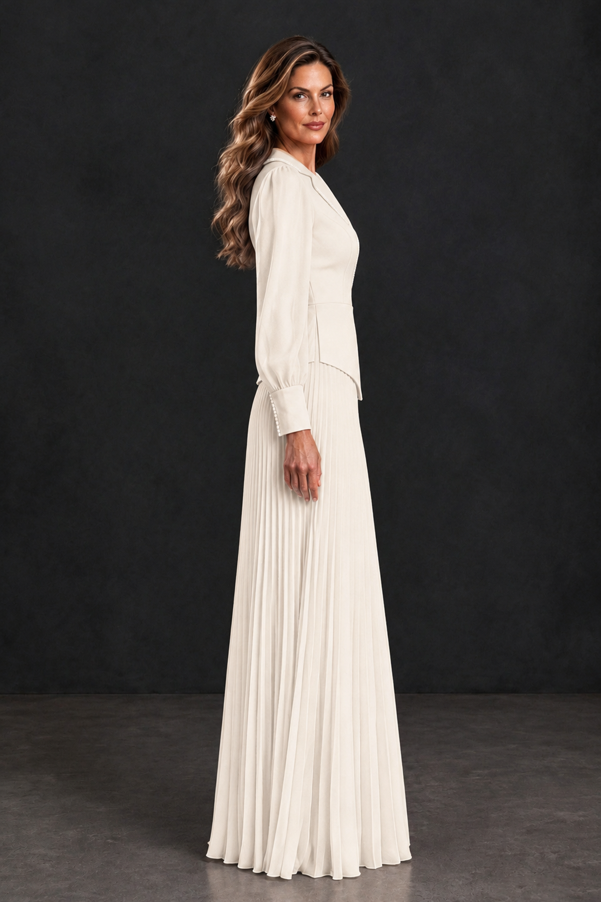 BOLODOO Ivory Long Sleeve Pleated Mother of the Bride Dress - Ivory - Ivory_3