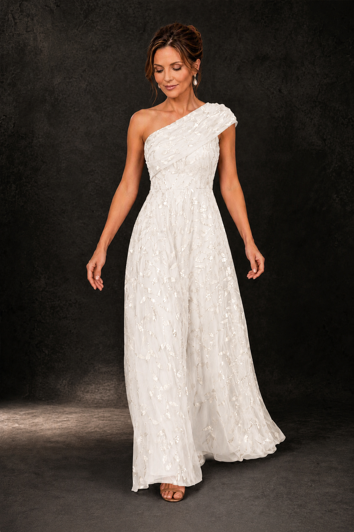 BOLODOO Ivory Leaf Sequin One-Shoulder A-Line Maxi Gown – Mother of the Bride & Formal Evening Dress - Ivory - Ivory_3