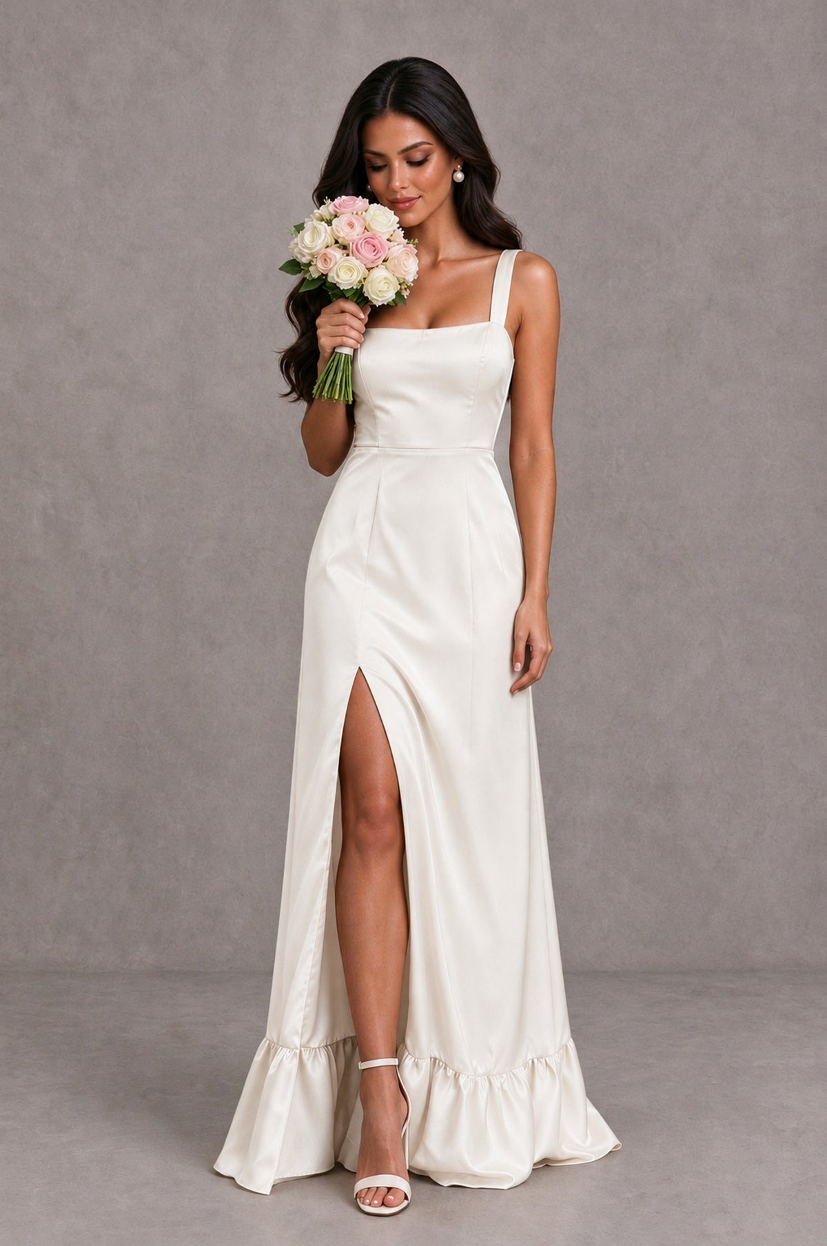 BOLODOO Ivory Square Neck Satin Evening Dress with Lace-Up Back and High Slit - Ivory - Ivory_3