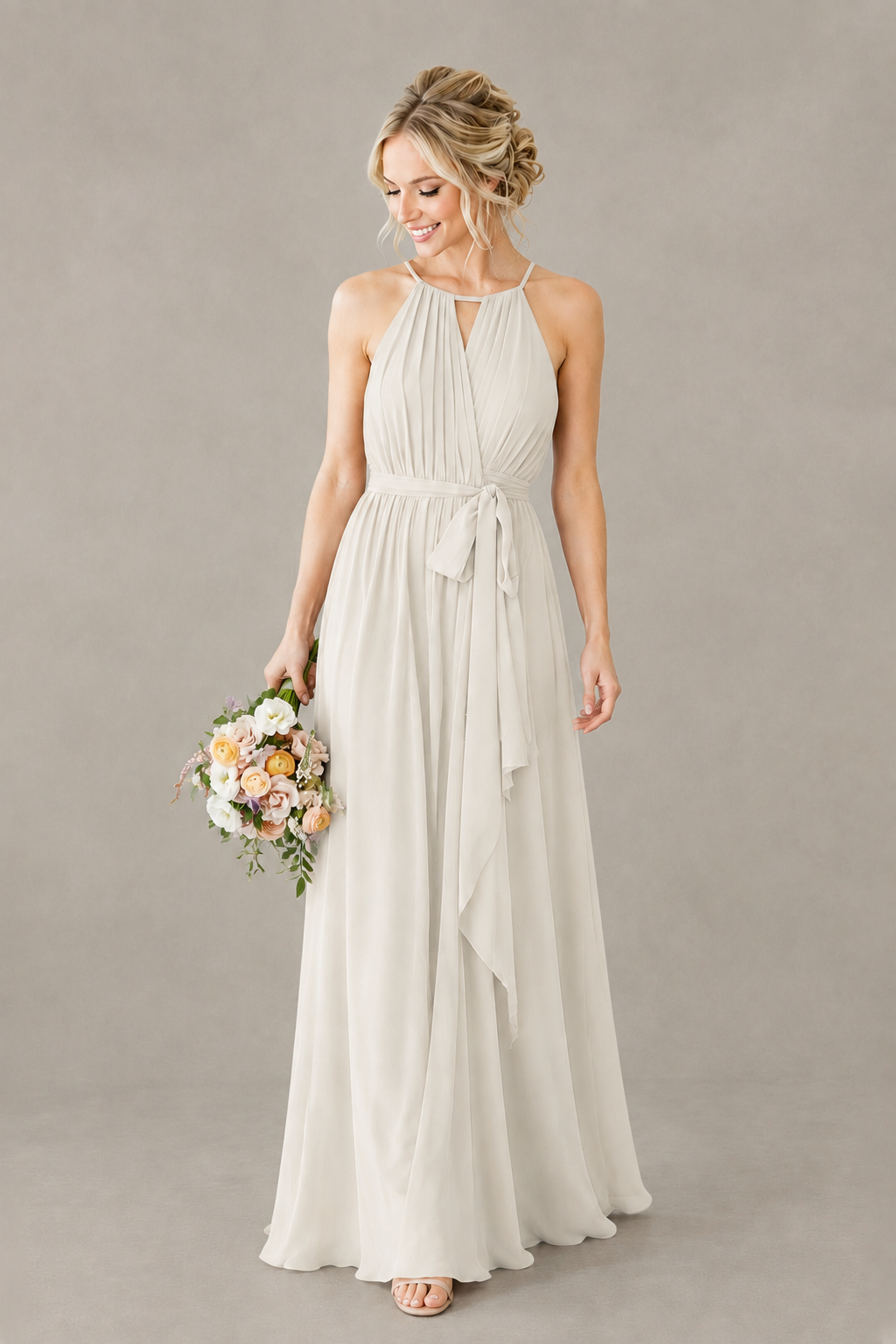 BOLODOO Ivory Halter Chiffon Bridesmaid Dress with High Slit - Ivory