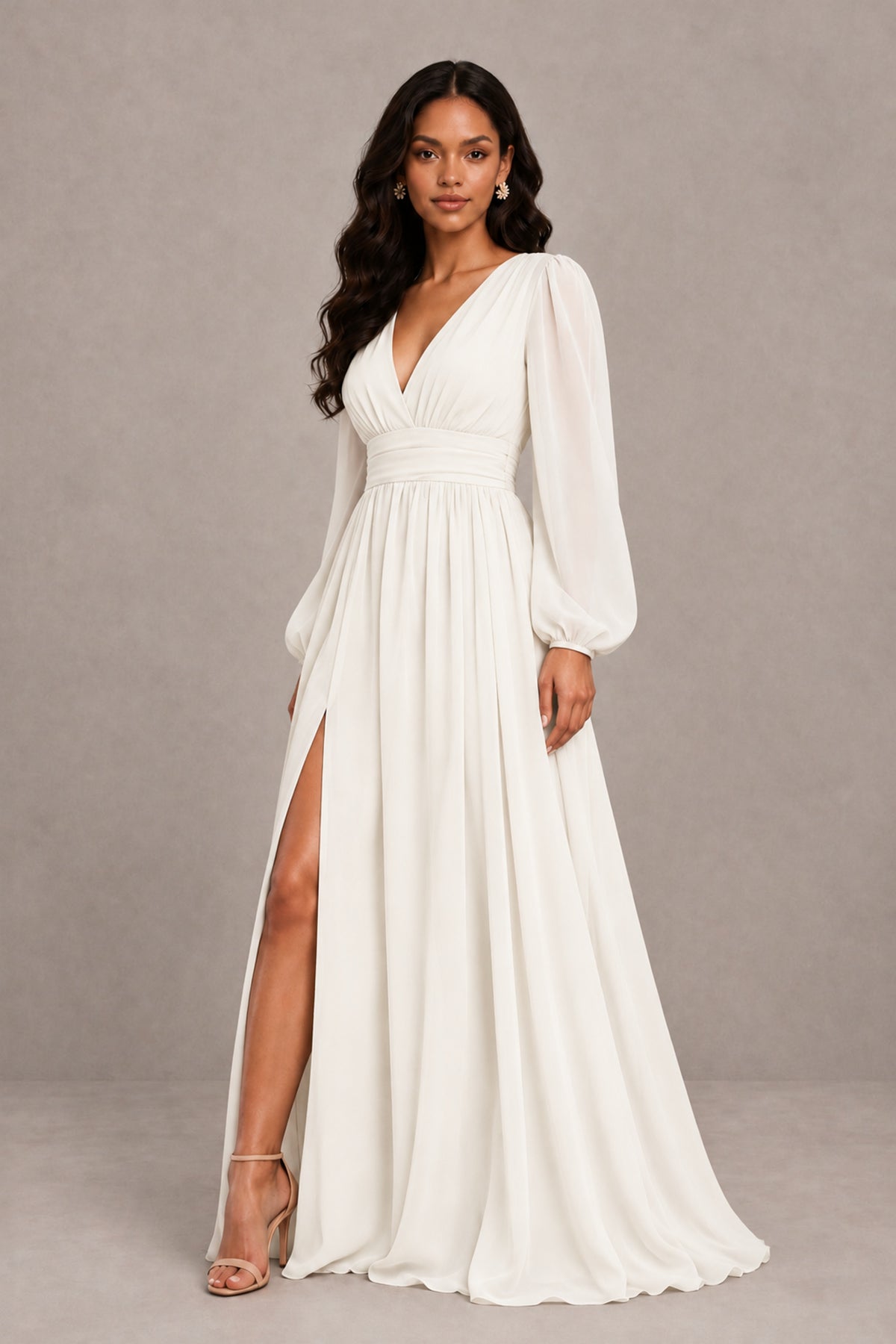 BOLODOO Ivory Long Sleeve V-Neck A-Line Gown with Open Back & Slit - Ivory - Ivory_4