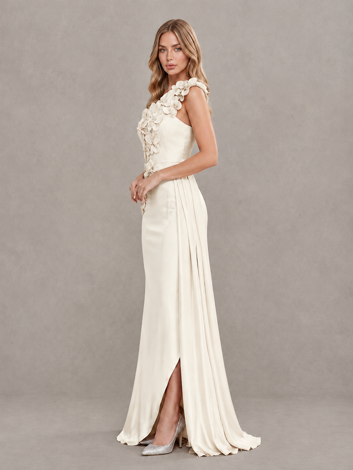 BOLODOO Ivory One-Shoulder Satin Mermaid Evening Gown with 3D Floral Appliqué - Ivory - Ivory_4