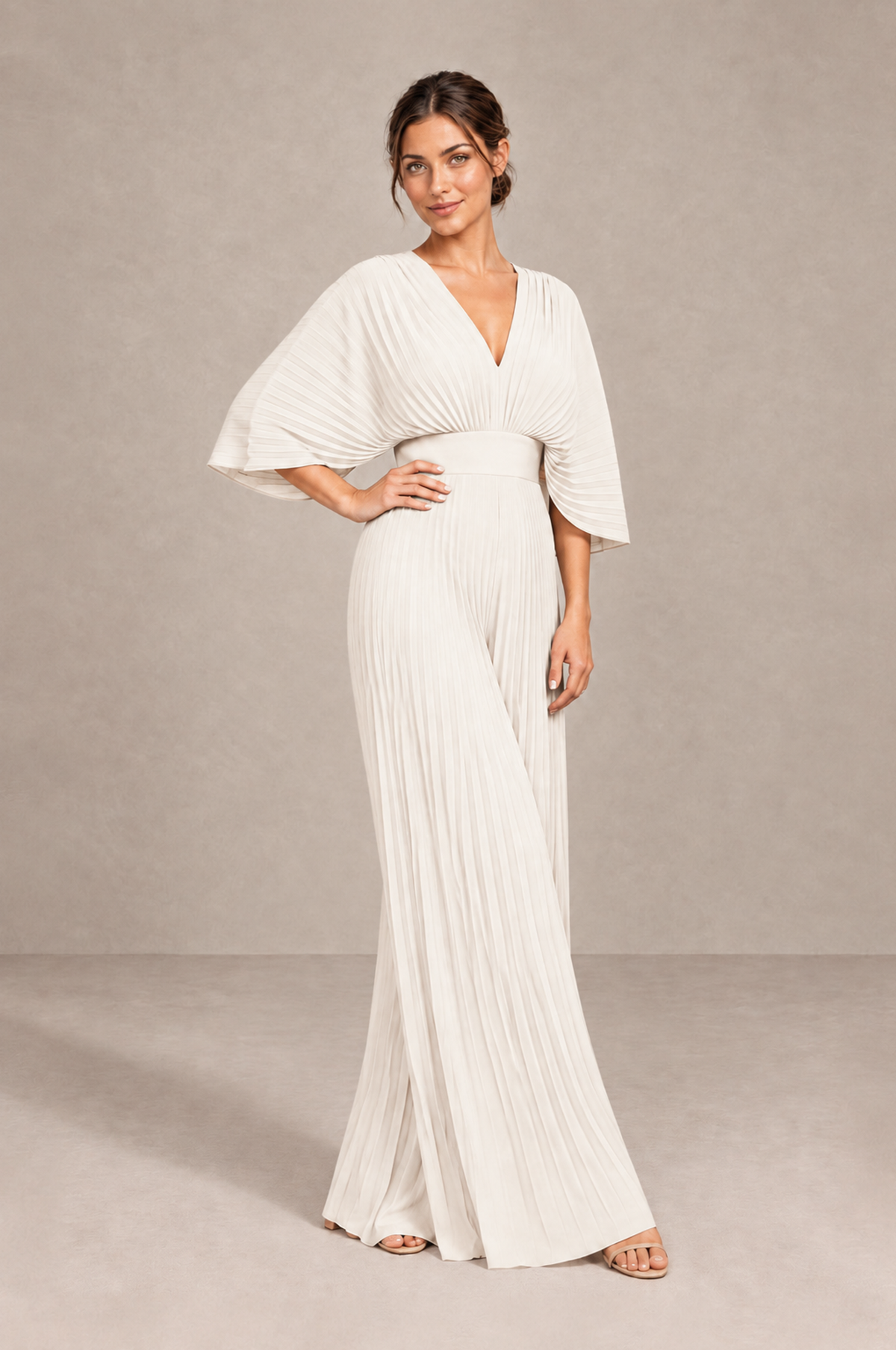 BOLODOO Ivory Pleated Wide-Leg Mother of Bride Pantsuit with V-Neck Chiffon Maxi Gown - Ivory - Ivory_4