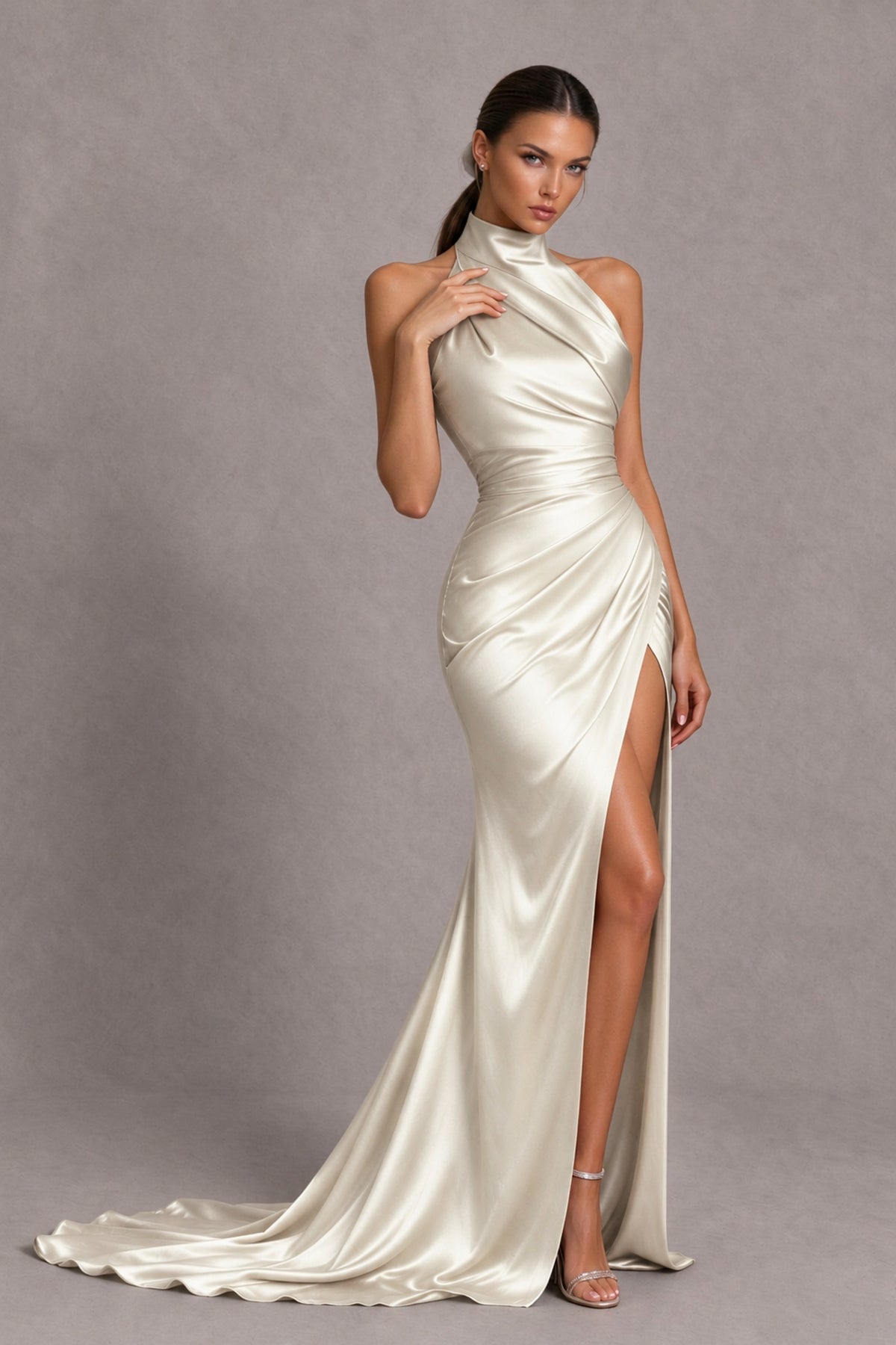 BOLODOO Ivory Halter Satin-Look Evening Gown with High Slit - Ivory - Ivory_4