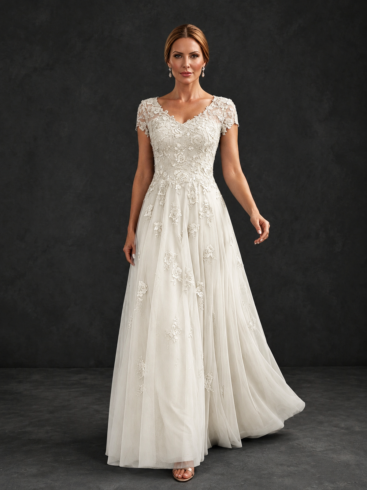 BOLODOO Ivory Cap Sleeve Lace Appliqué A-Line Formal Gown | Mother of the Bride Dress - Ivory - Ivory_4