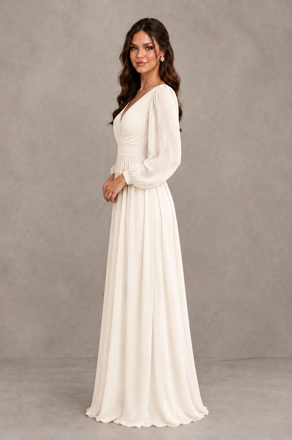 BOLODOO Ivory Long Sleeve V-Neck A-Line Bridesmaid Dress - Ivory - Ivory_4