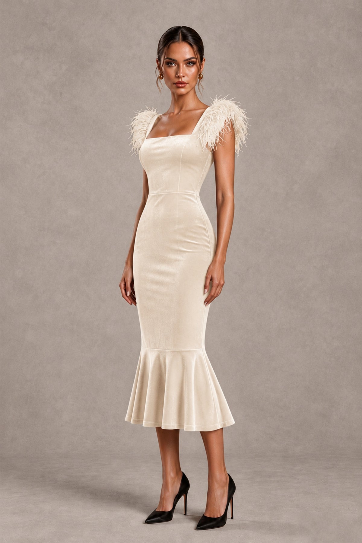 BOLODOO Ivory Feather-Trim Velvet-Look Mermaid Midi Dress - Ivory - Ivory_4