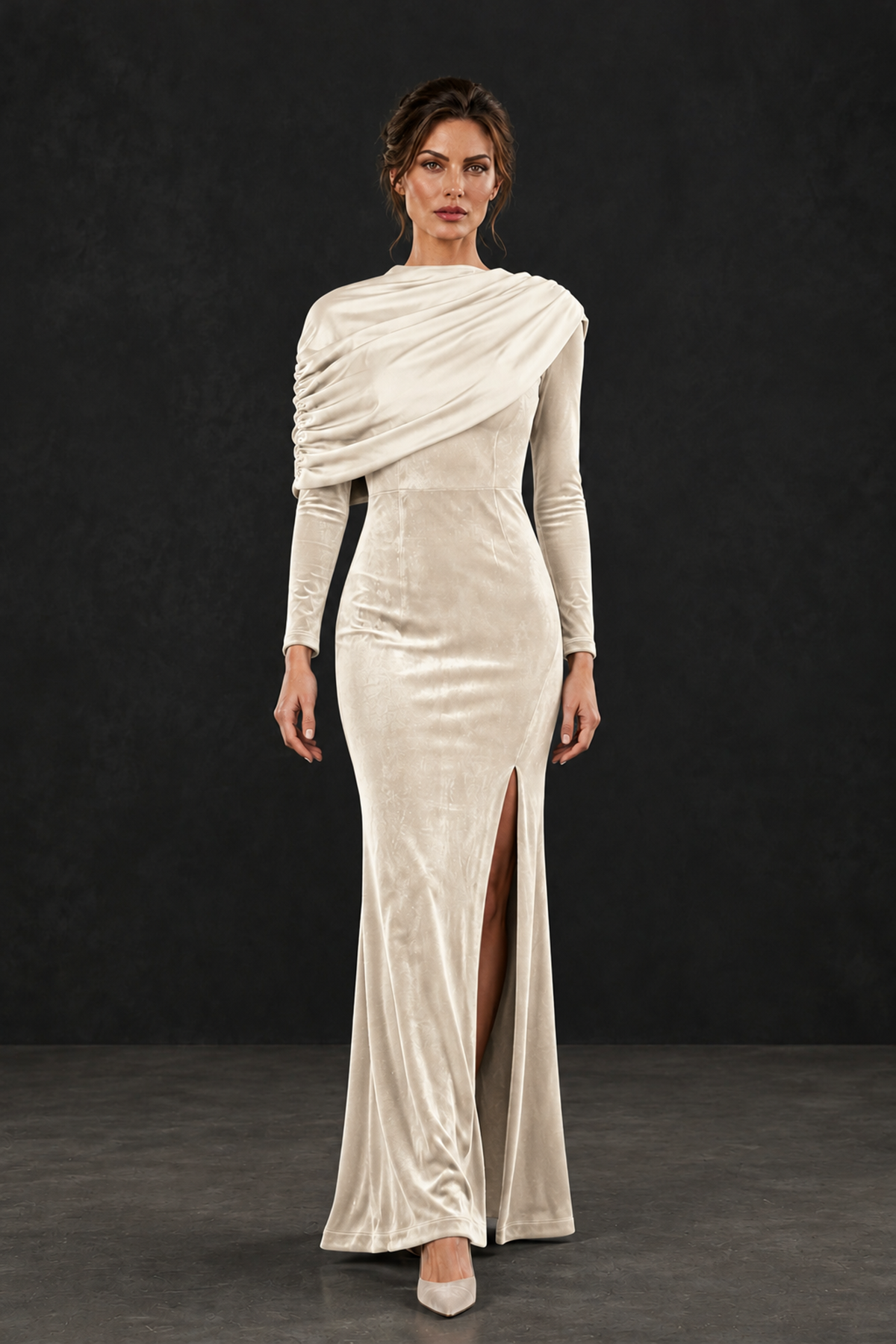 BOLODOO Ivory Velvet Long Sleeve Draped Mother of the Bride Dress - Ivory - Ivory_4