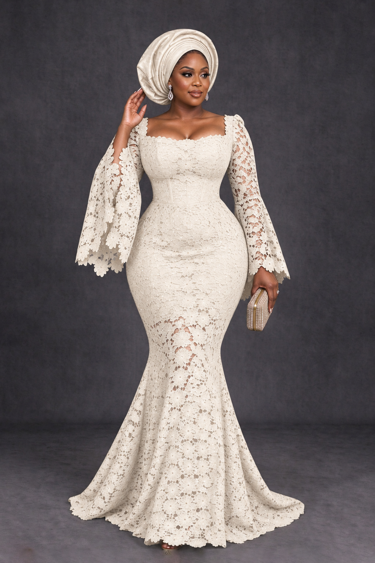 BOLODOO Ivory African Lace Mermaid Dress, Plus Size Nigerian Wedding Guest Gown with Bell Sleeves - Ivory - Ivory_4