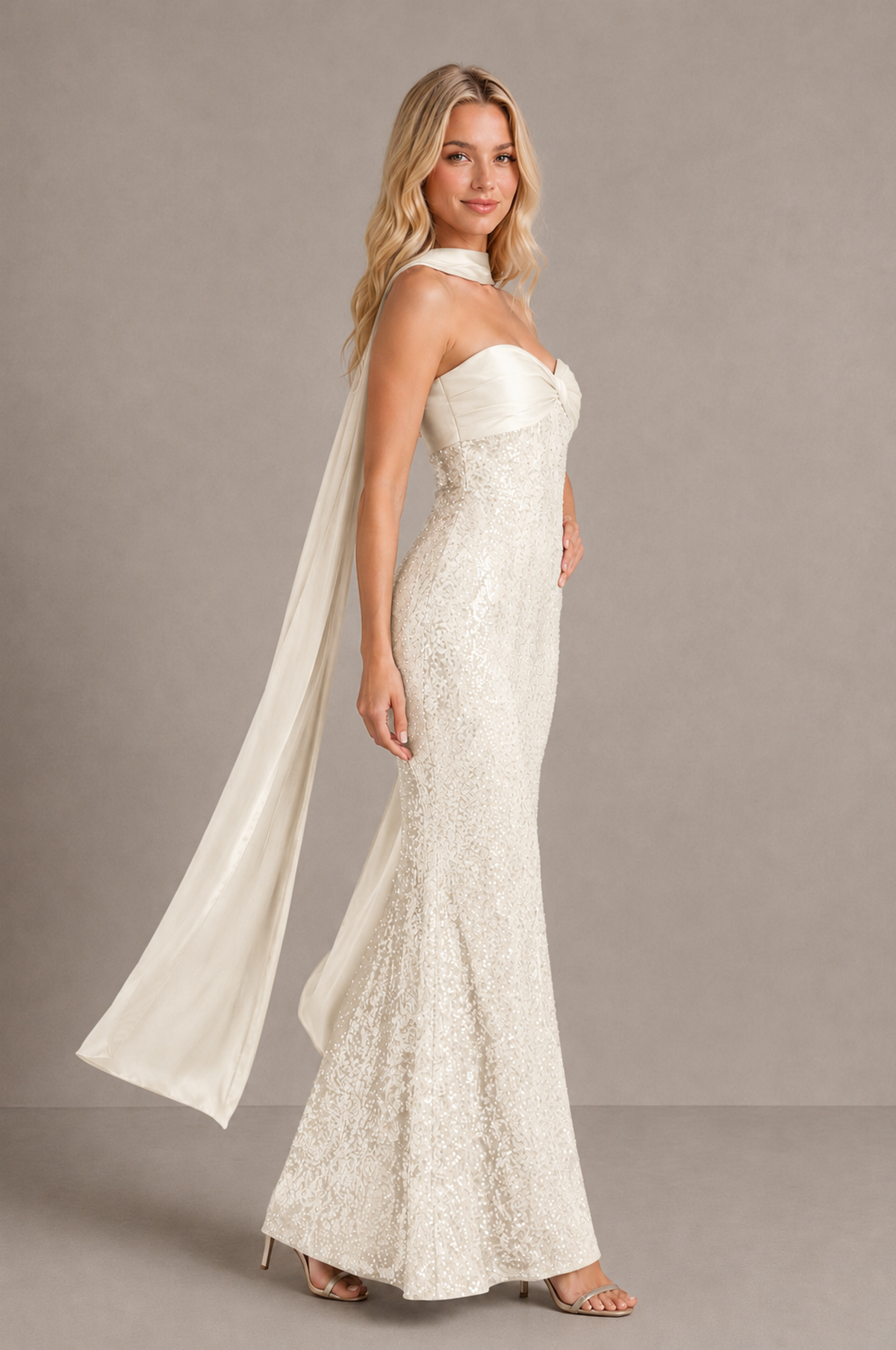 BOLODOO Ivory Strapless Sweetheart Evening Dress with Scarf - Ivory - Ivory_4