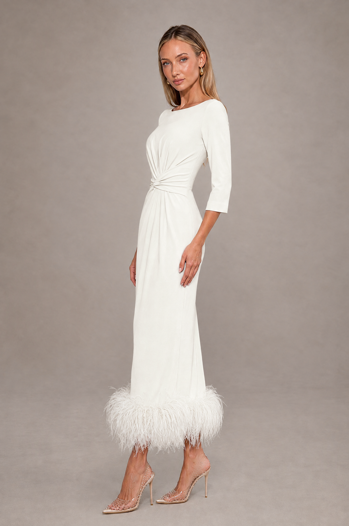 BOLODOO Ivory Feather-Trim Twist-Waist Midi Dress - Ivory - Ivory_4
