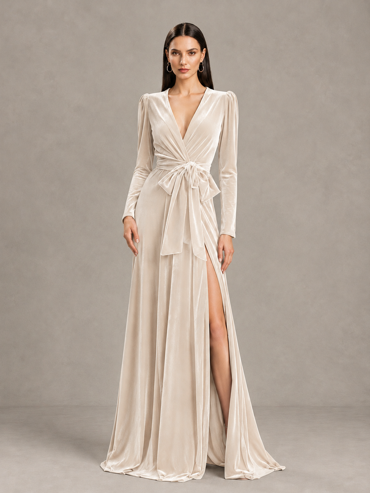 BOLODOO Ivory Long Sleeve Velvet-Look Evening Dress with High Slit - Ivory - Ivory_4