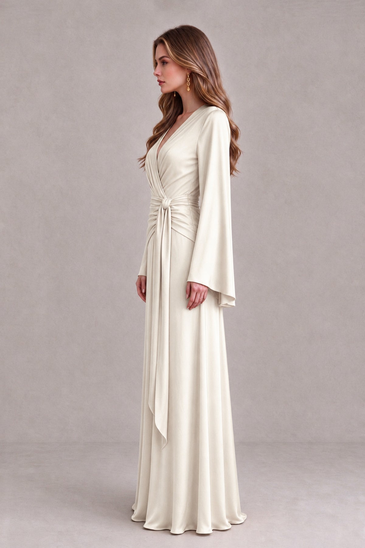 BOLODOO Ivory Yellow Satin-Look V-Neck Long Bell Sleeve Evening Dress - Ivory - Ivory_4