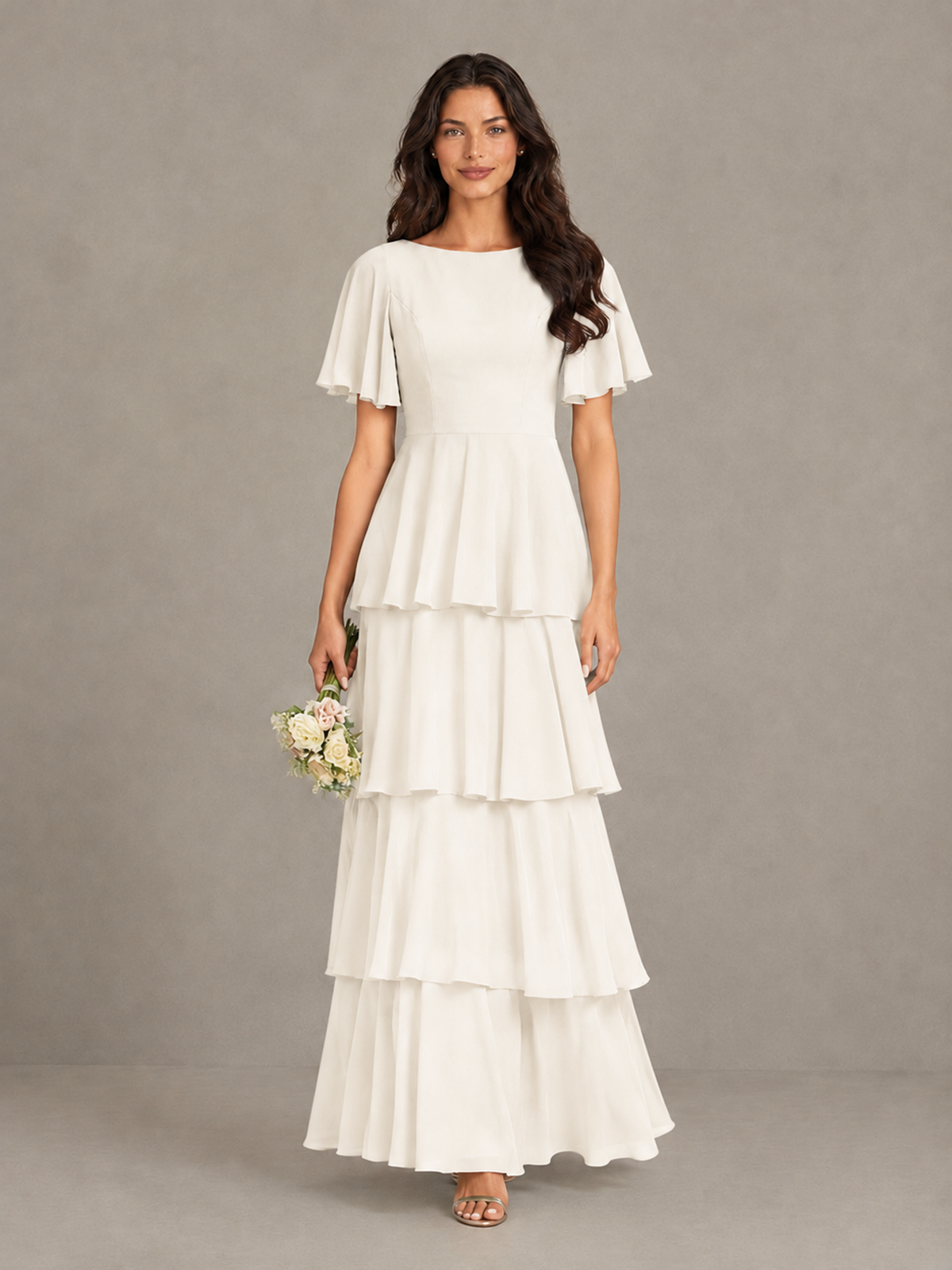 BOLODOO Ivory Tiered Flutter Sleeve Bridesmaid Dress - Ivory - Ivory_4