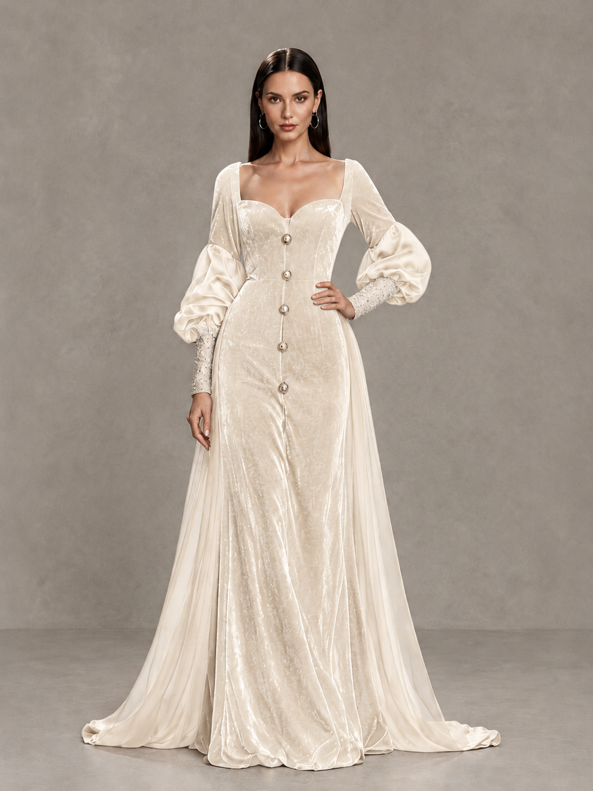 BOLODOO Ivory Velvet Long Sleeve Open-Back Evening Gown - Ivory - Ivory_4
