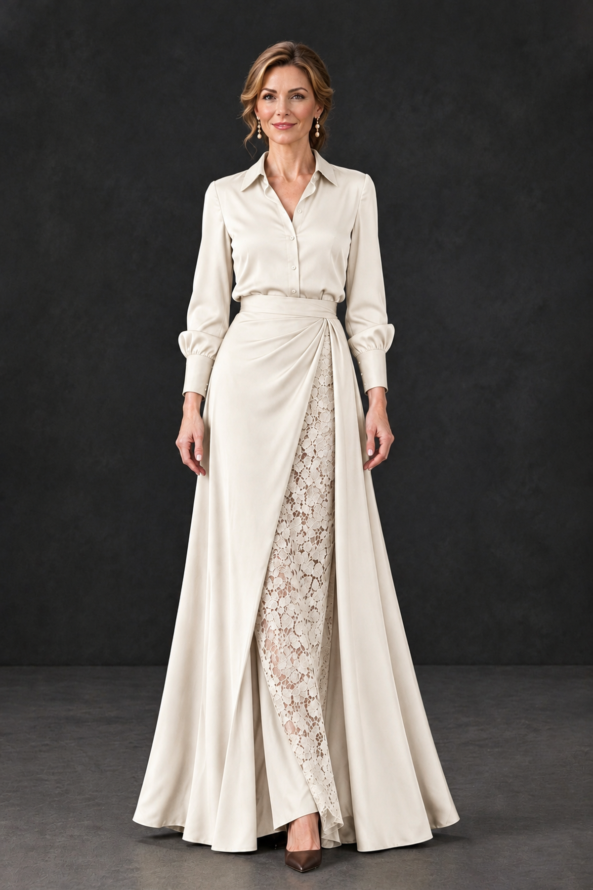 BOLODOO Ivory Long Sleeve Satin-Look Lace Panel Gown - Ivory - Ivory_4