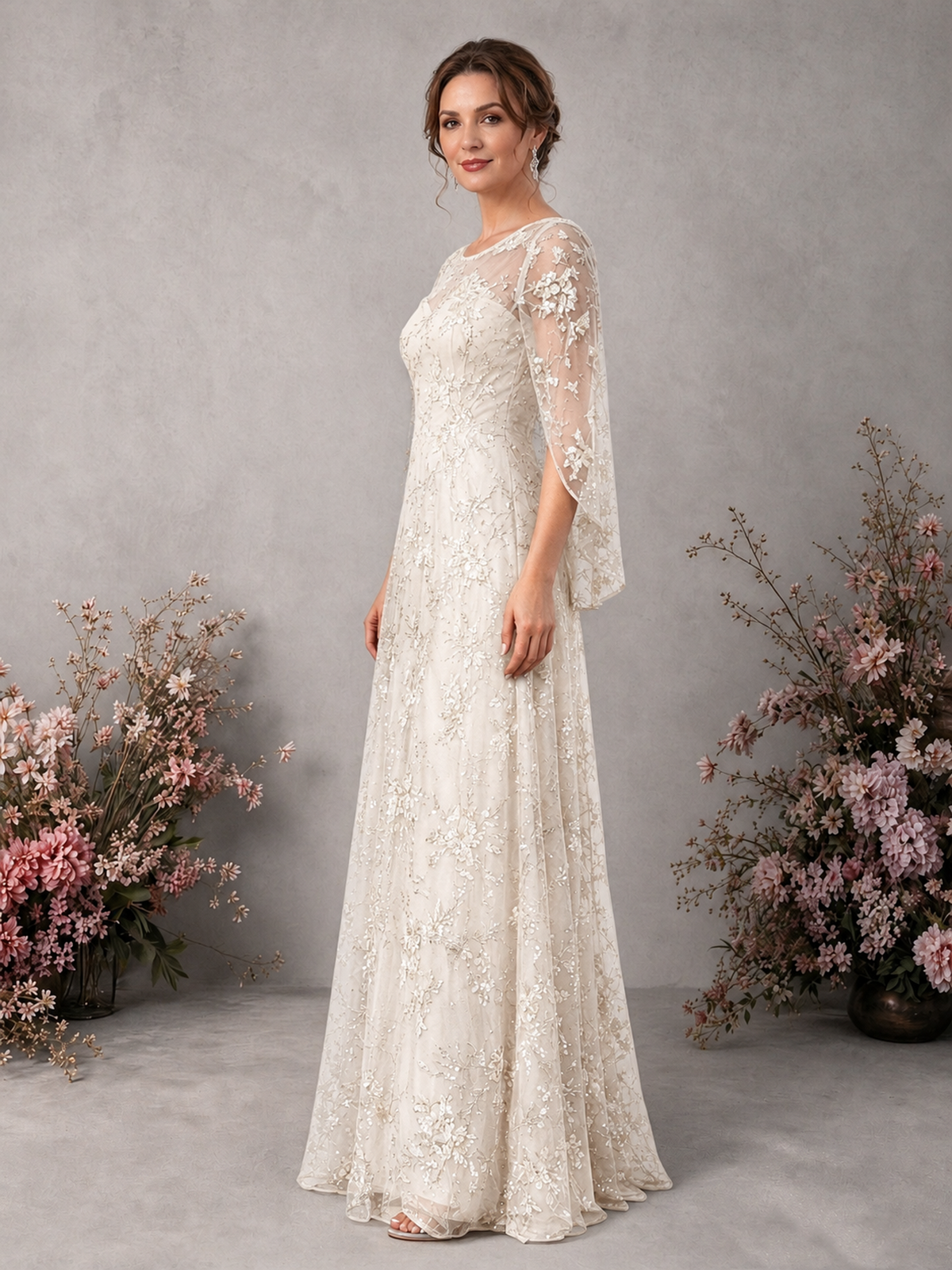BOLODOO Ivory Sequin Lace Cape Sleeve Formal Evening Gown - Ivory - Ivory_4