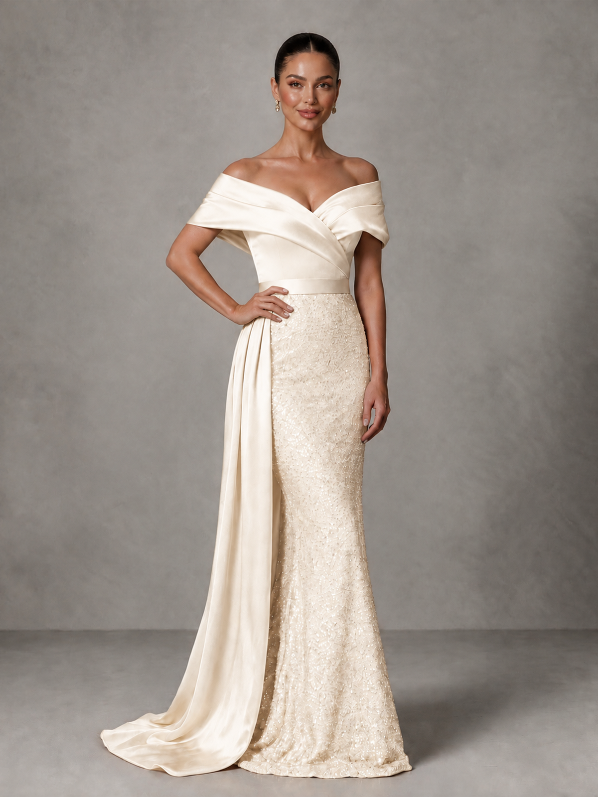 BOLODOO Ivory Sequin Mermaid Evening Dress with Off-Shoulder Satin Drape and Sweep Train - Ivory - Ivory_4