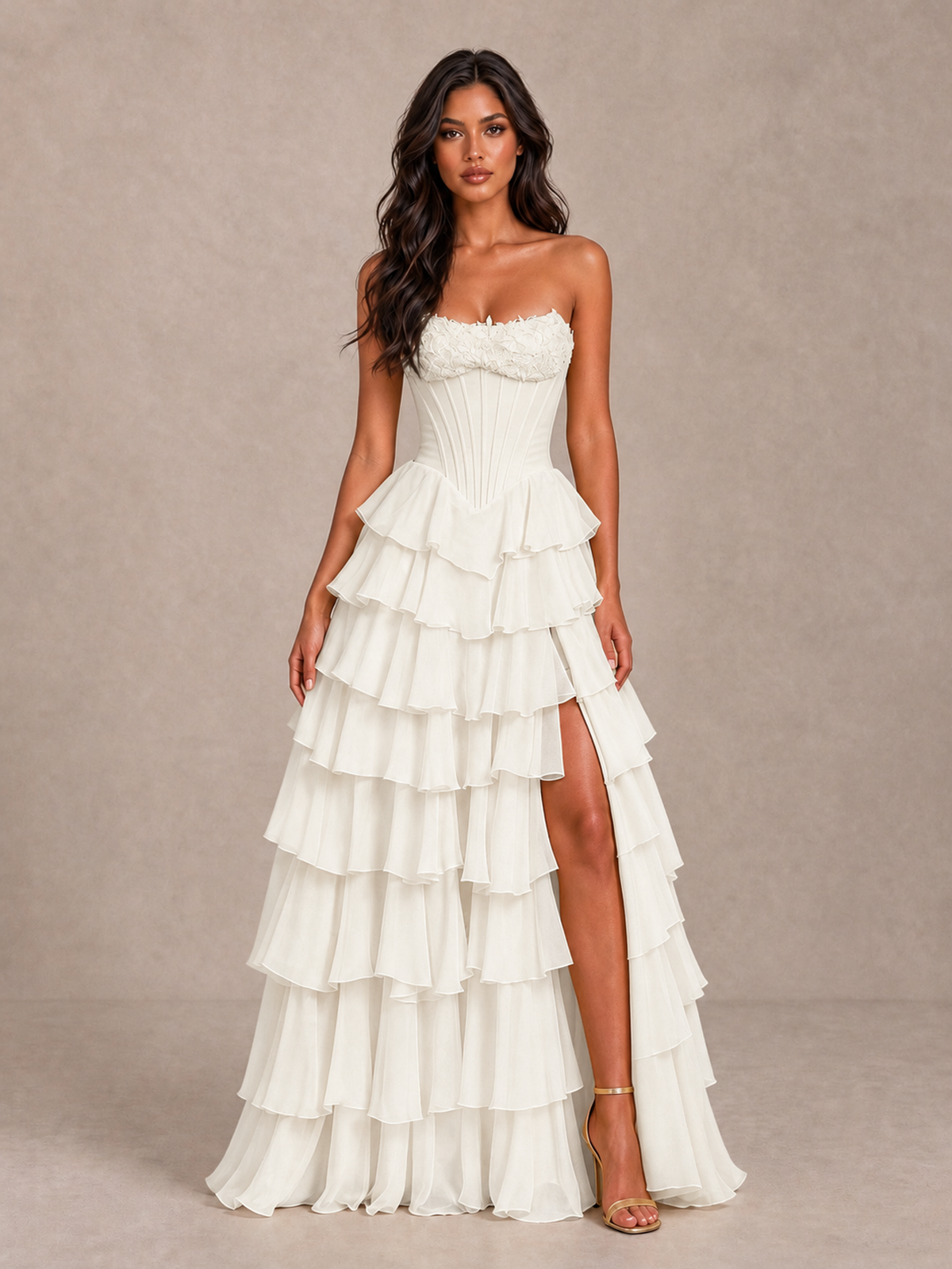 BOLODOO Ivory Strapless Corset Tiered Ruffle Prom Dress with High Slit - Ivory - Ivory_4