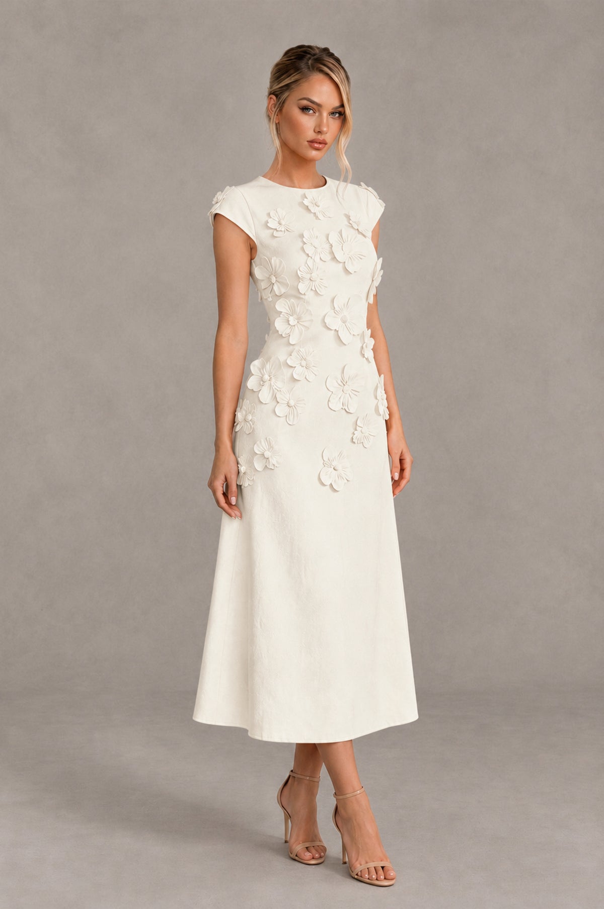 BOLODOO Ivory 3D Floral Cap Sleeve Midi Cocktail Dress - Ivory - Ivory_4