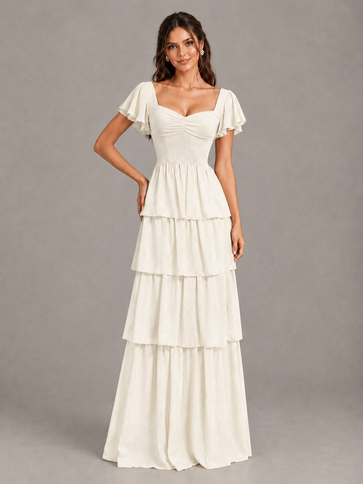 BOLODOO Ivory Flutter Sleeve Tiered Maxi Bridesmaid Dress - Ivory - Ivory_4