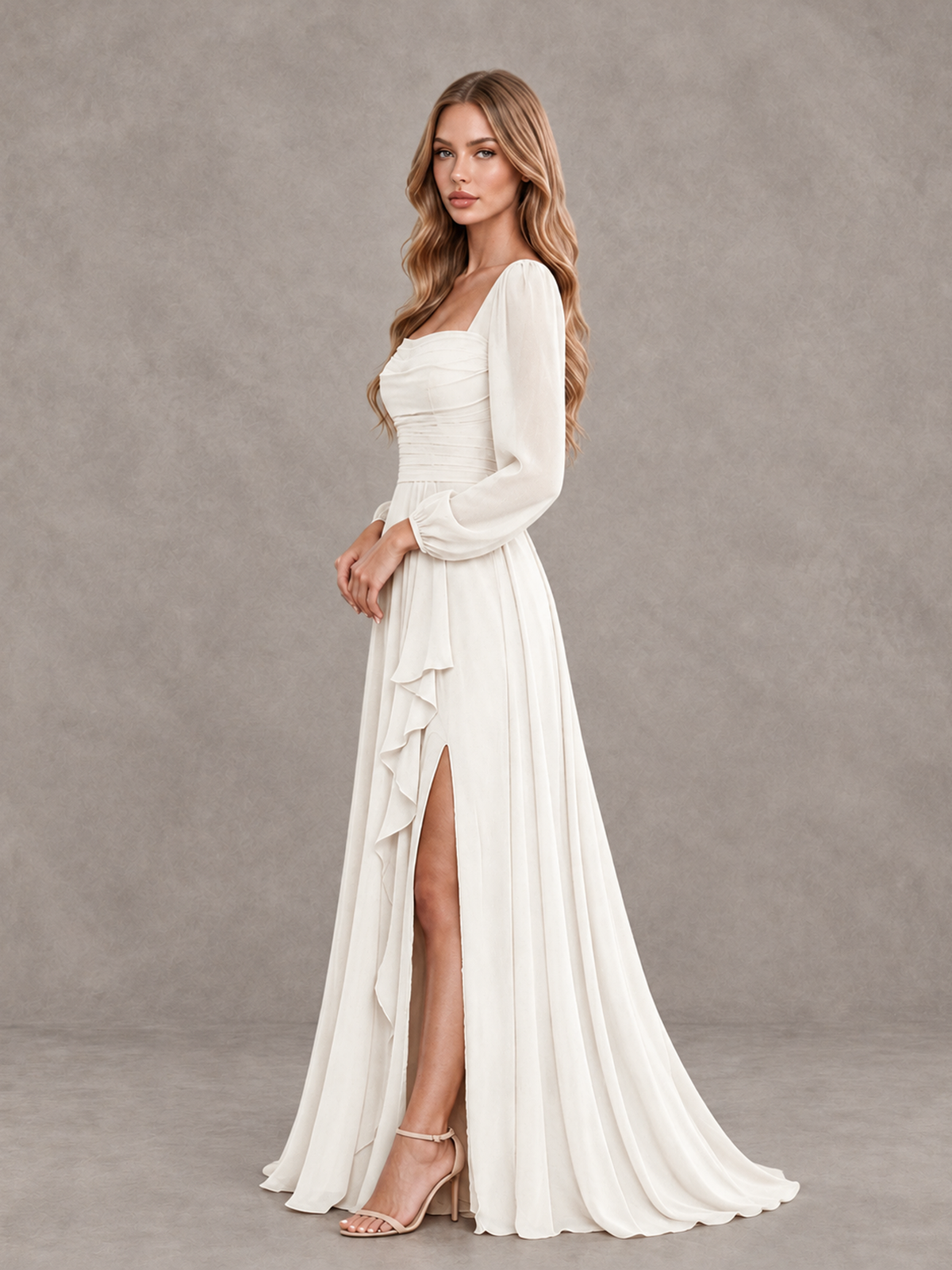 BOLODOO Ivory Square Neck Long Sleeve Bridesmaid Dress with Ruffle Slit - Ivory - Ivory_4