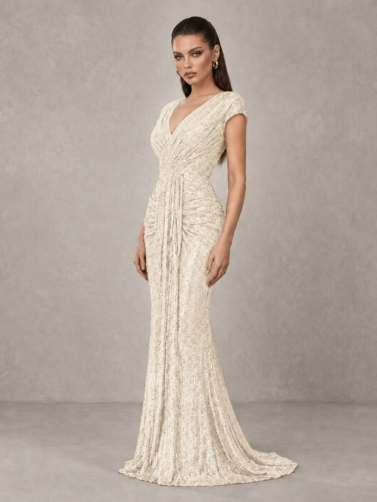 BOLODOO Ivory Glitter V-Neck Cap Sleeve Ruched Mermaid Evening Gown - Ivory - Ivory_4