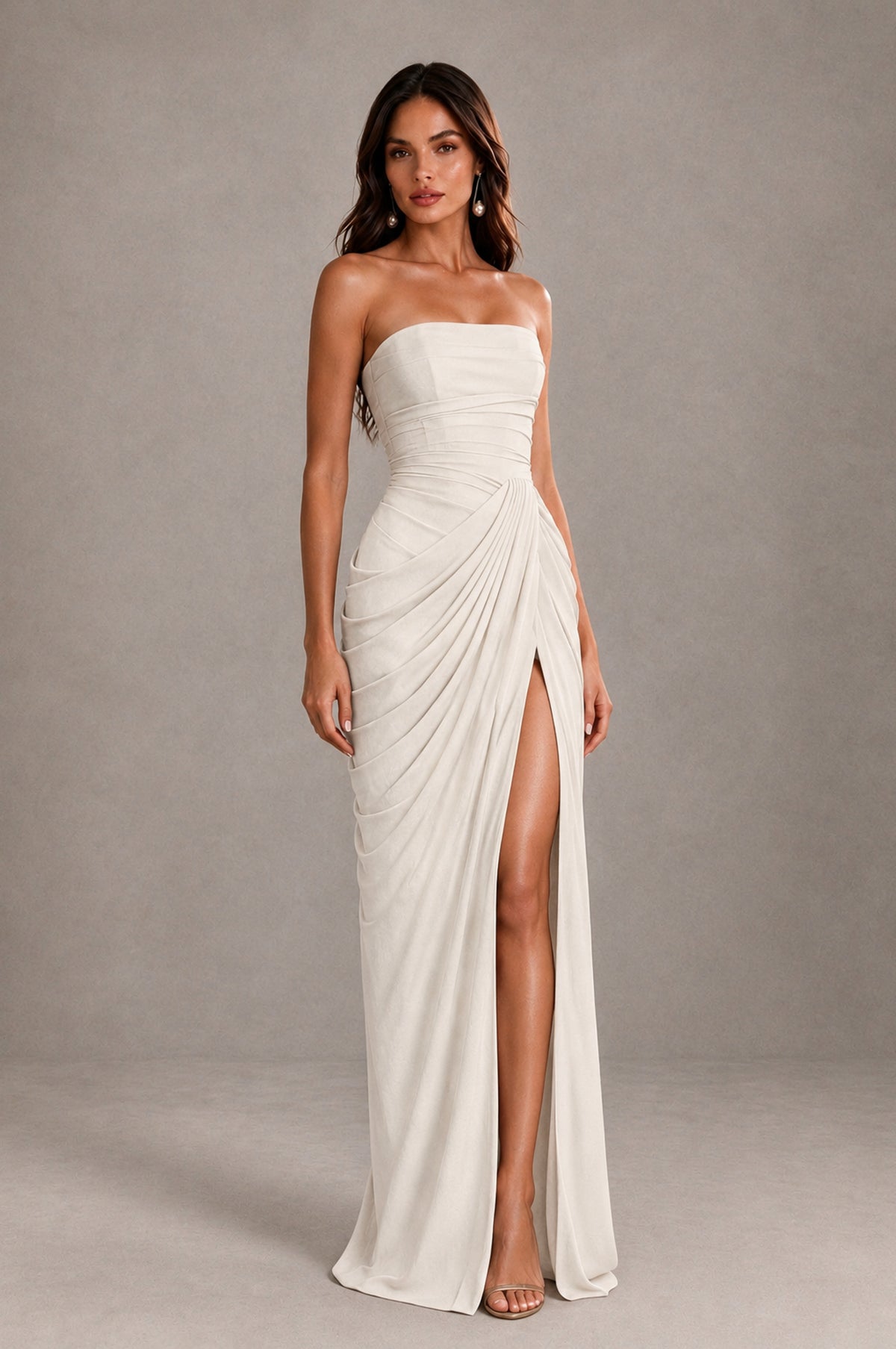BOLODOO Strapless Draped Maxi Dress - Ivory Backless Evening Gown with High Slit - Ivory - Ivory_4