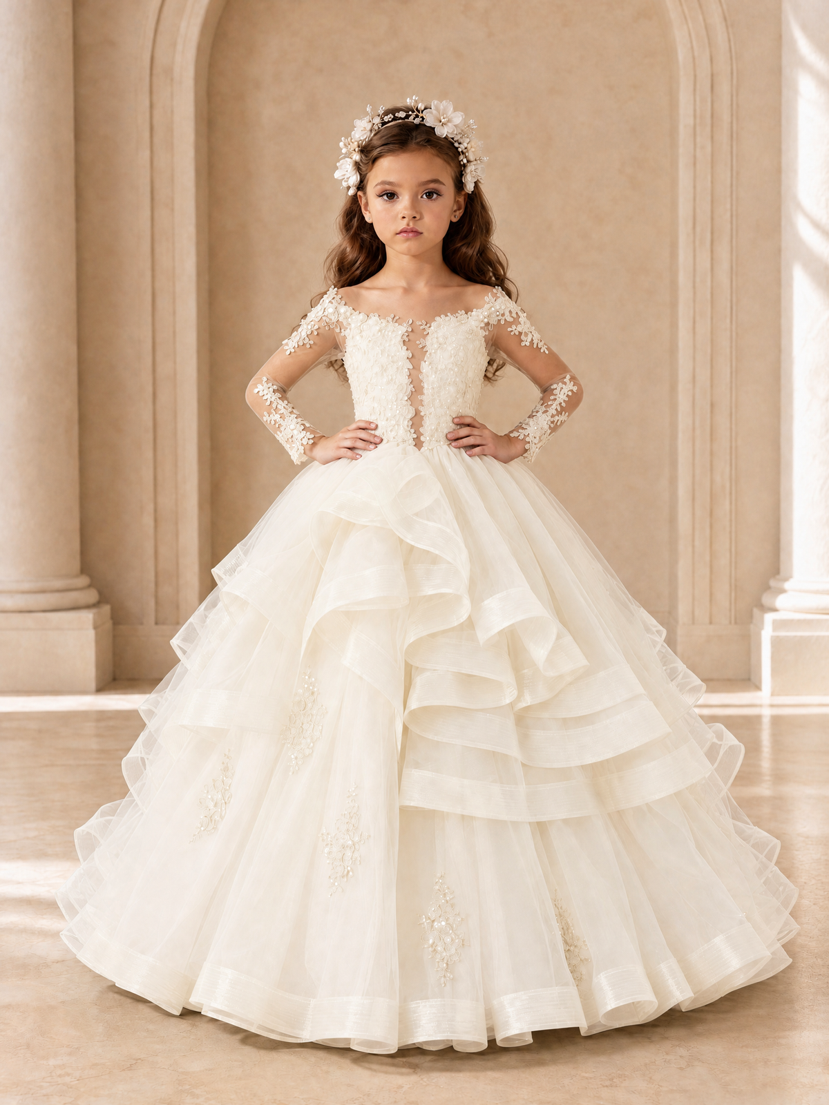 BOLODOO Ivory Lace Long Sleeve Tiered Flower Girl Dress - Ivory - Ivory_4