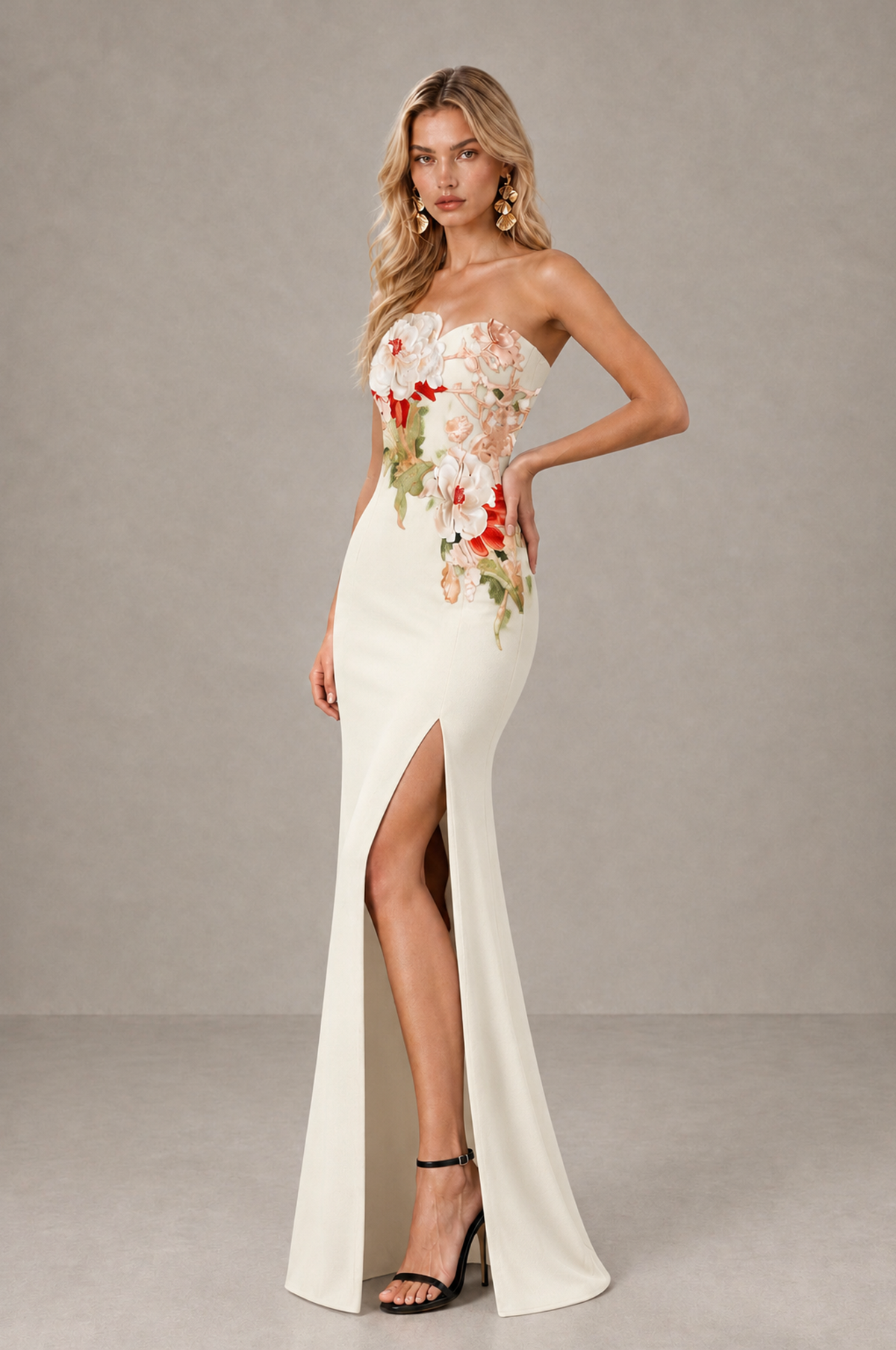 BOLODOO Ivory Strapless Floral Mermaid Evening Dress with Slit - Ivory - Ivory_4