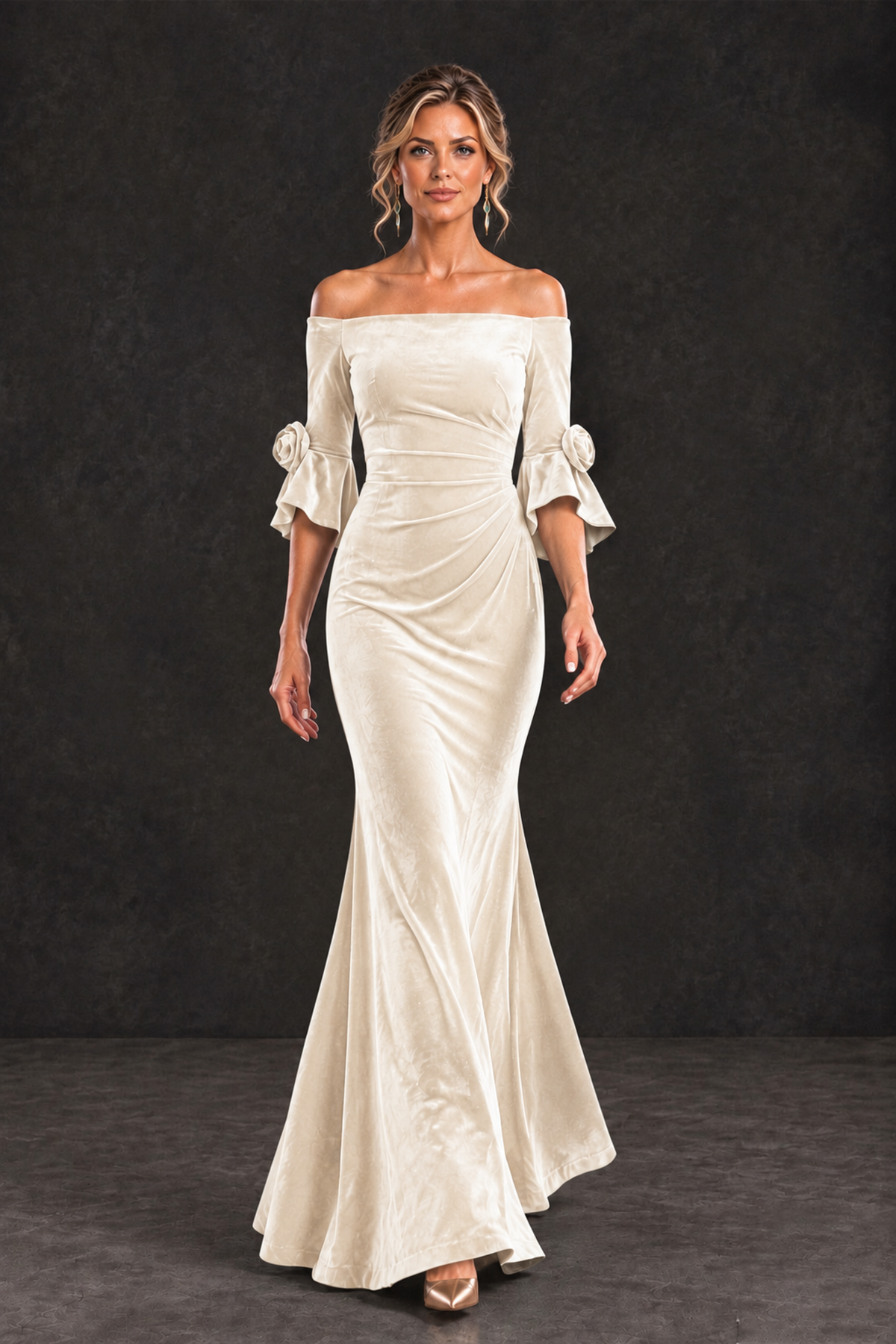 BOLODOO Ivory Velvet Off-Shoulder Mother of the Bride Dress – 3/4 Floral Cuff Sleeve Mermaid Evening Gown - Ivory - Ivory_4