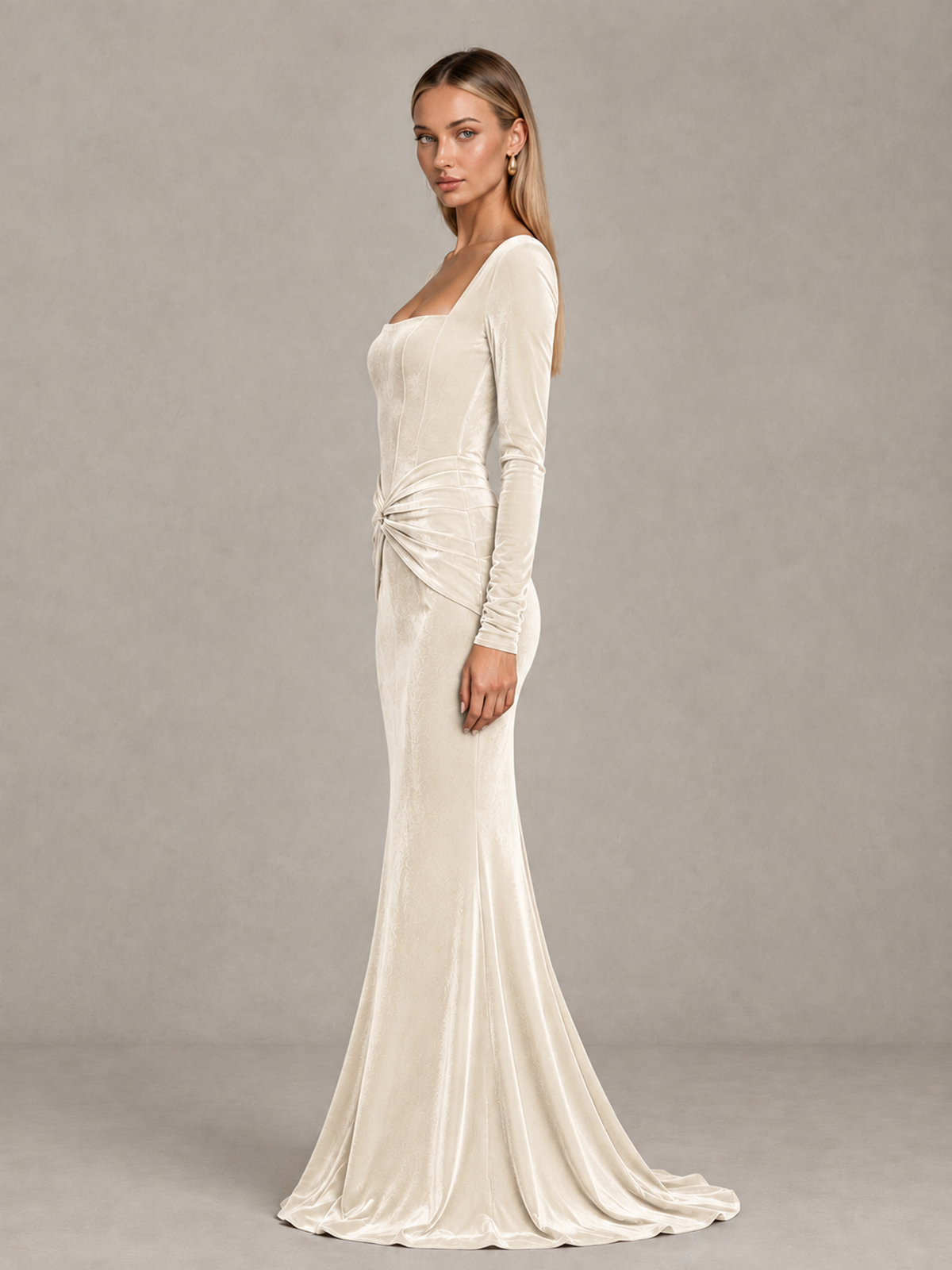 BOLODOO Ivory Velvet-Look Square Neck Long Sleeve Mermaid Evening Dress - Ivory - Ivory_4