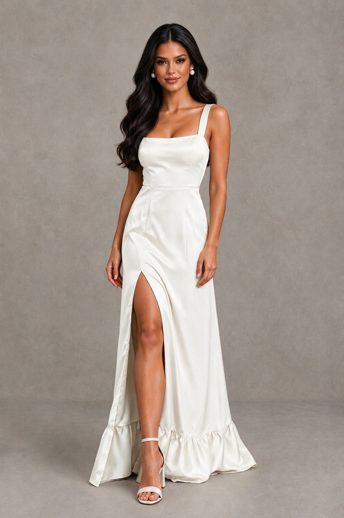BOLODOO Ivory Square Neck Satin Evening Dress with Lace-Up Back and High Slit - Ivory - Ivory_4