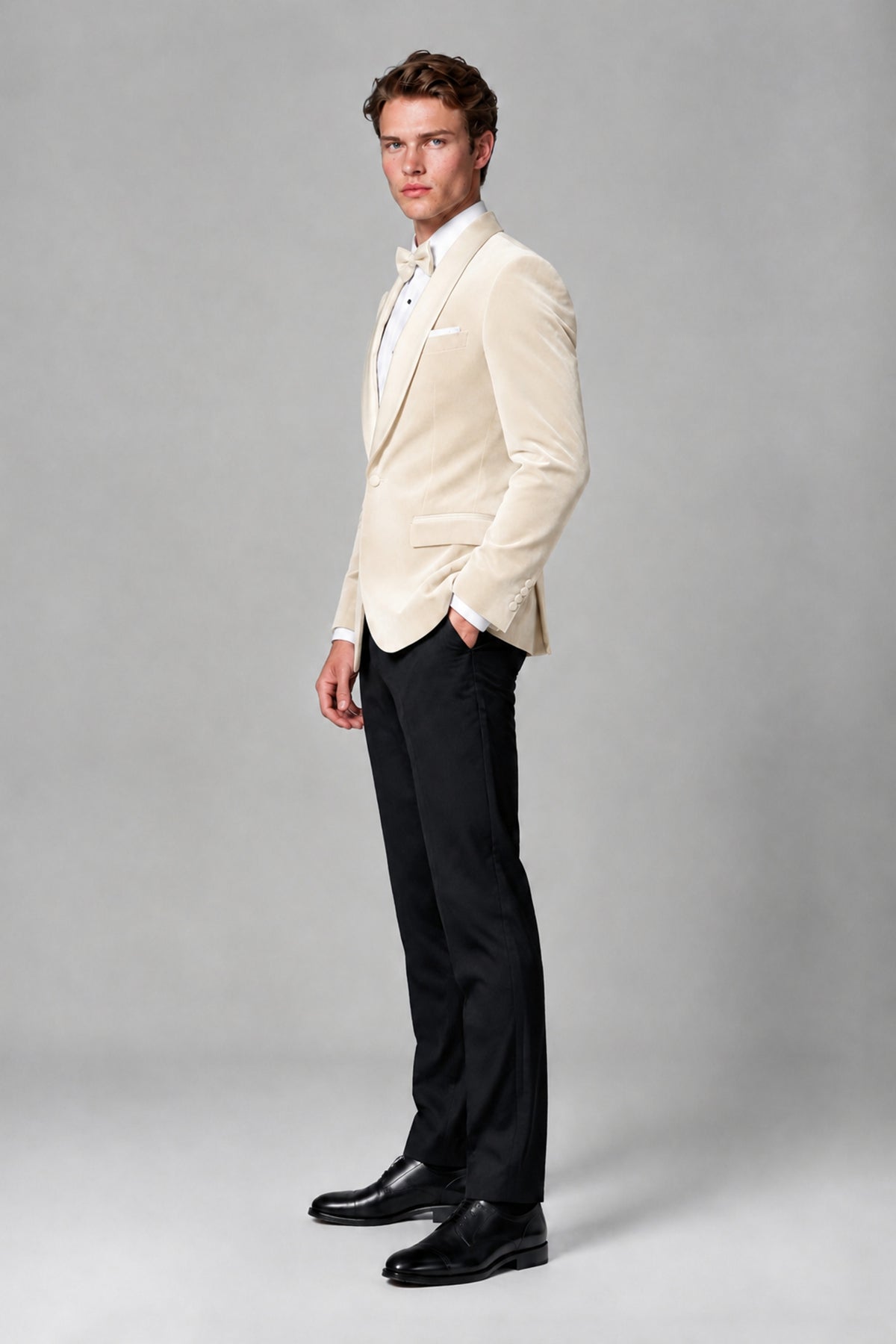 BOLODOO Men's Ivory Velvet Blazer | Shawl Lapel Tuxedo Jacket - Ivory - Ivory_4