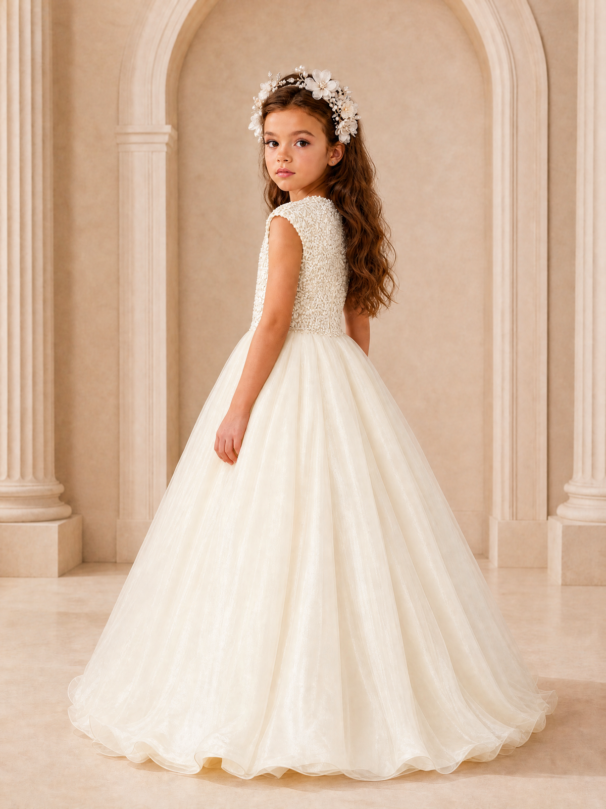 BOLODOO Ivory Sequin Tulle Flower Girl Dress with Cap Sleeves - Ivory - Ivory_4