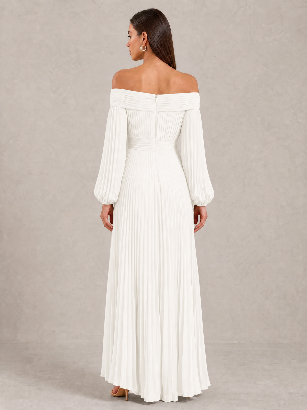BOLODOO Ivory Off-Shoulder Long Sleeve Pleated High-Low Dress - Ivory - Ivory_4