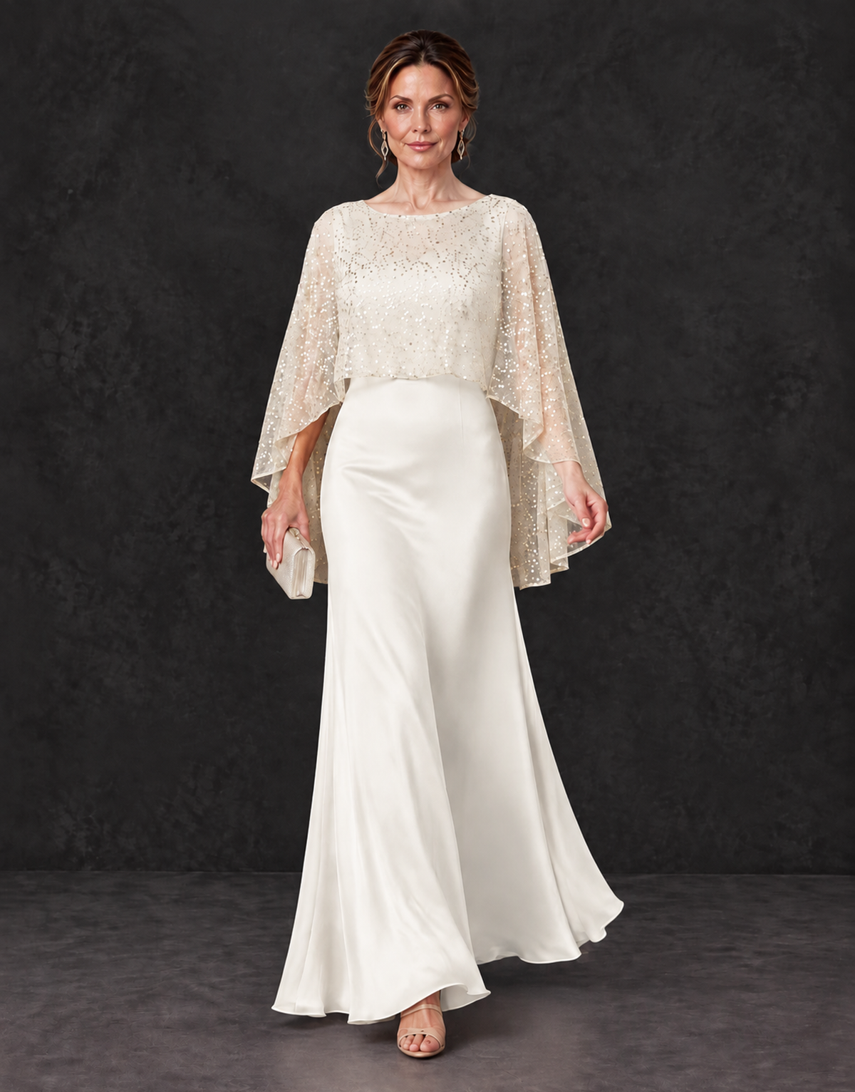 BOLODOO Ivory Sparkle Cape Sleeve Mother of the Bride Dress - Ivory - Ivory_4