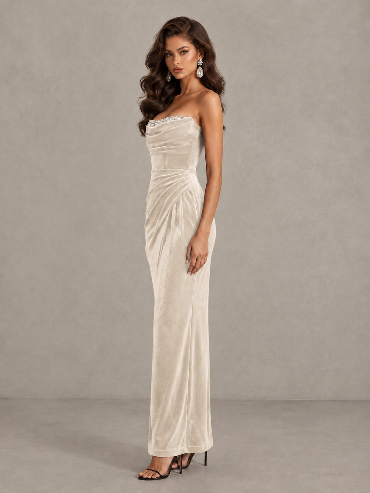 BOLODOO Ivory Strapless Velvet Cocktail Maxi Dress - Ivory - Ivory_4