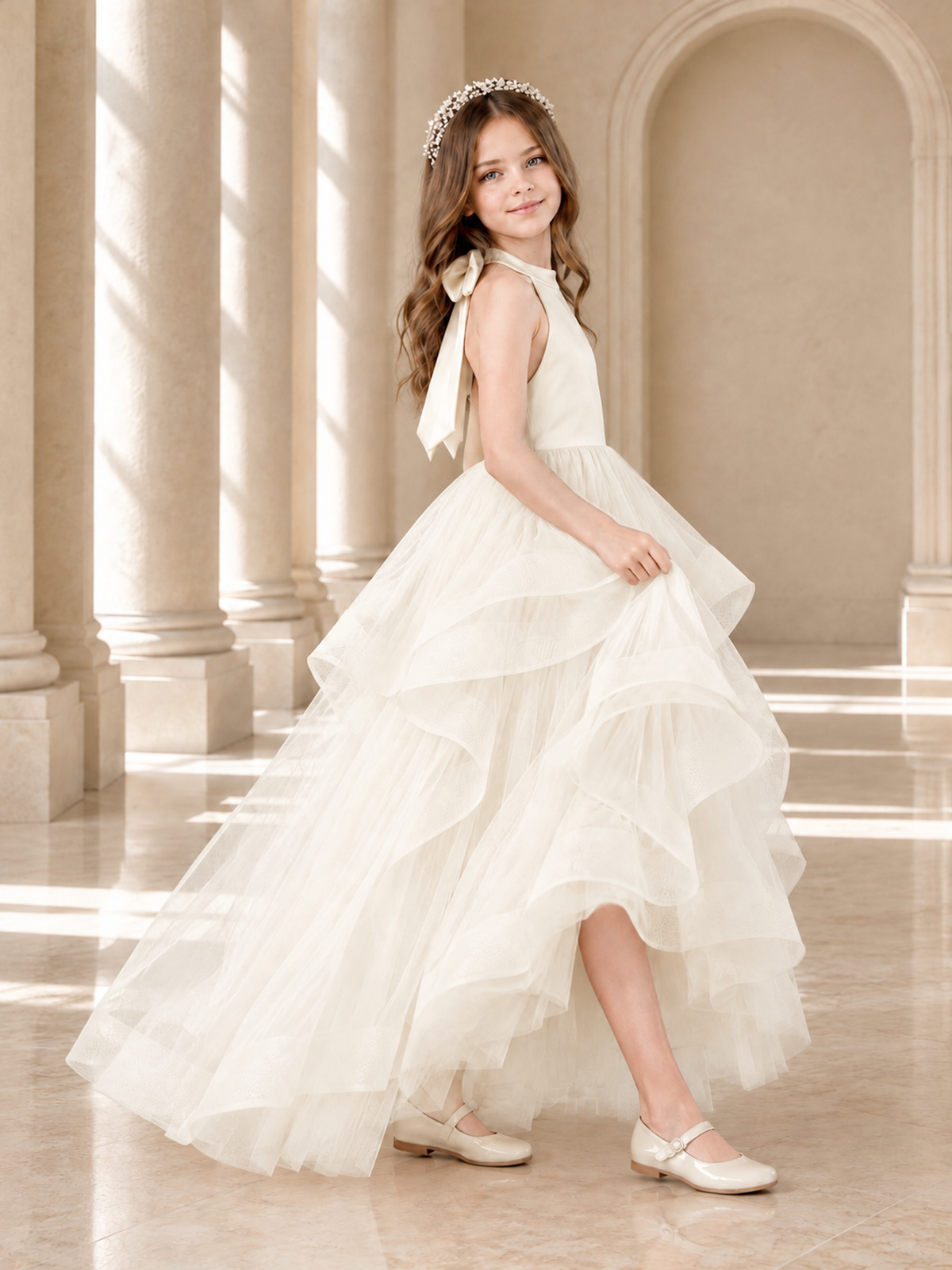 BOLODOO Ivory Halter Tiered Tulle Flower Girl Dress with Bow Back - Ivory - Ivory_4