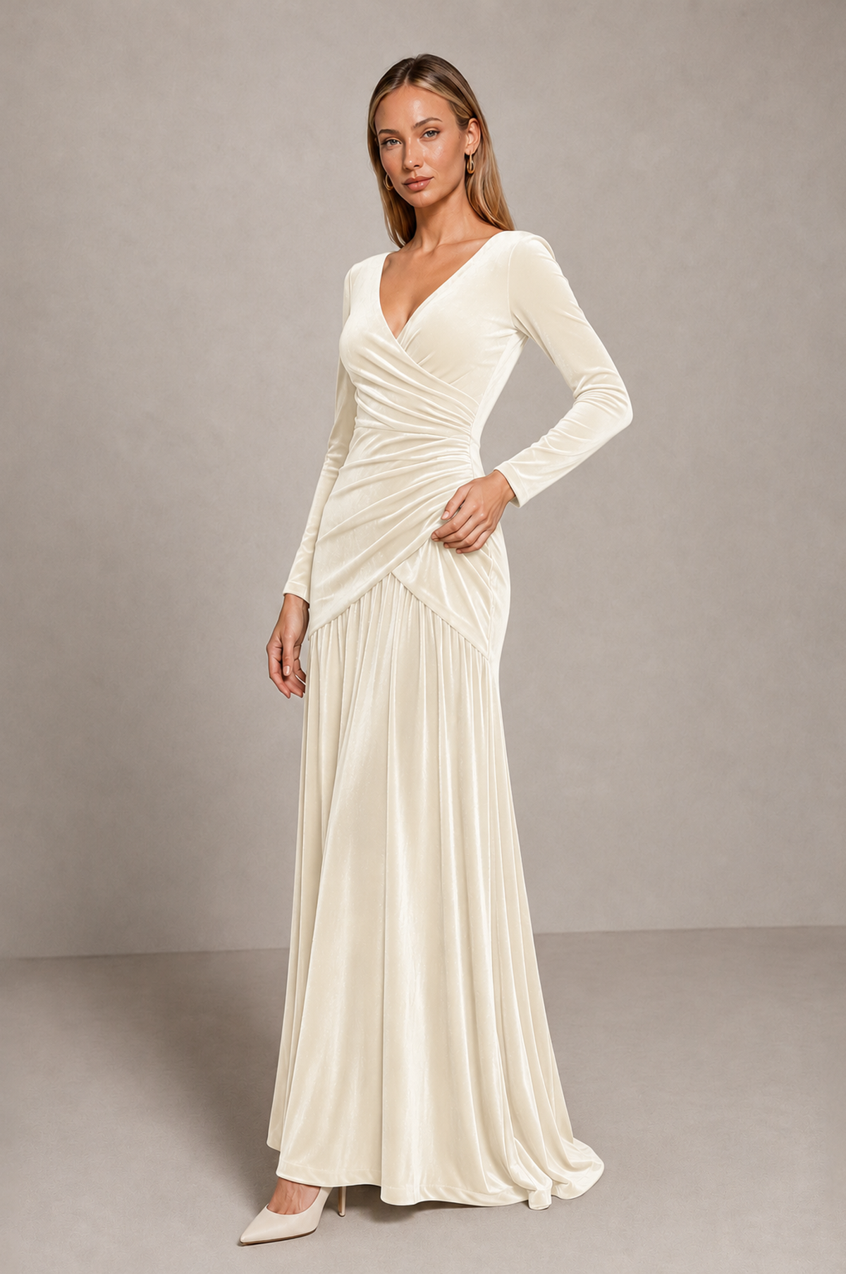 BOLODOO Ivory Velvet Long Sleeve V-Neck Ruched Evening Dress - Ivory - Ivory_4