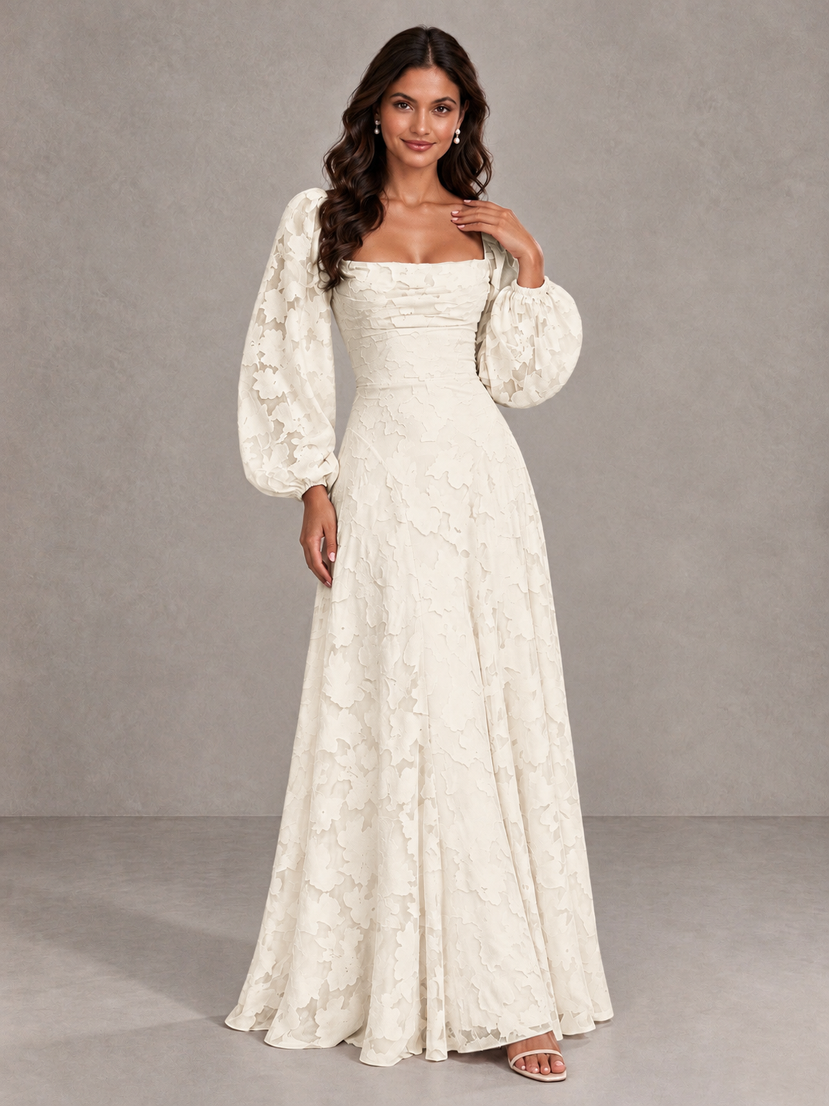 BOLODOO Ivory Floral Long Sleeve A-Line Bridesmaid Dress - Ivory - Ivory_4