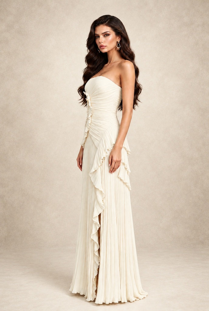 BOLODOO Ivory Strapless Ruffle Pleated Slit Evening Gown - Ivory - Ivory_4