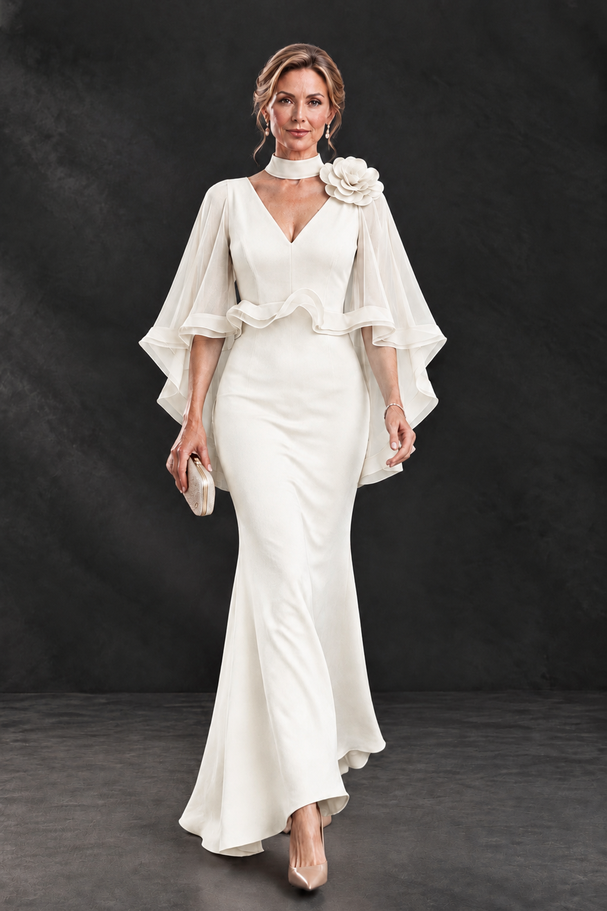 BOLODOO Ivory Floral Cape Sleeve Mother of the Bride Dress - Ivory - Ivory_4